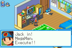 自分の部屋のPCの前に立つ熱斗。セリフは英語版の「Jack in! MegaMan, Execute!!」（プラグイン！ロックマン.EXE トランスミッション！）