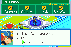熱斗のHPの白いゲートに立つロックマン：「To the Net Square, Lan?」（ネットスクエアに行く？）はい・いいえ。上にNetPassの4つのスタンプ