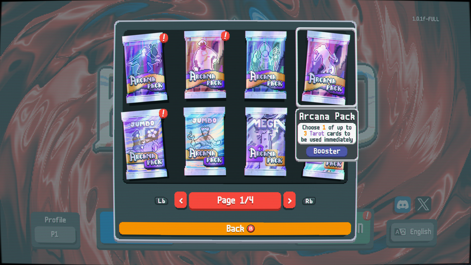 Booster Packs catalogue — Arcana Pack (Tarot), Celestial (Planets), Spectral, Buffoon (Jokers), Standard, plus Jumbo and Mega variants. Selected: Arcana Pack — "Choose 1 of up to 3 Tarot cards to be used immediately." Page 1/4