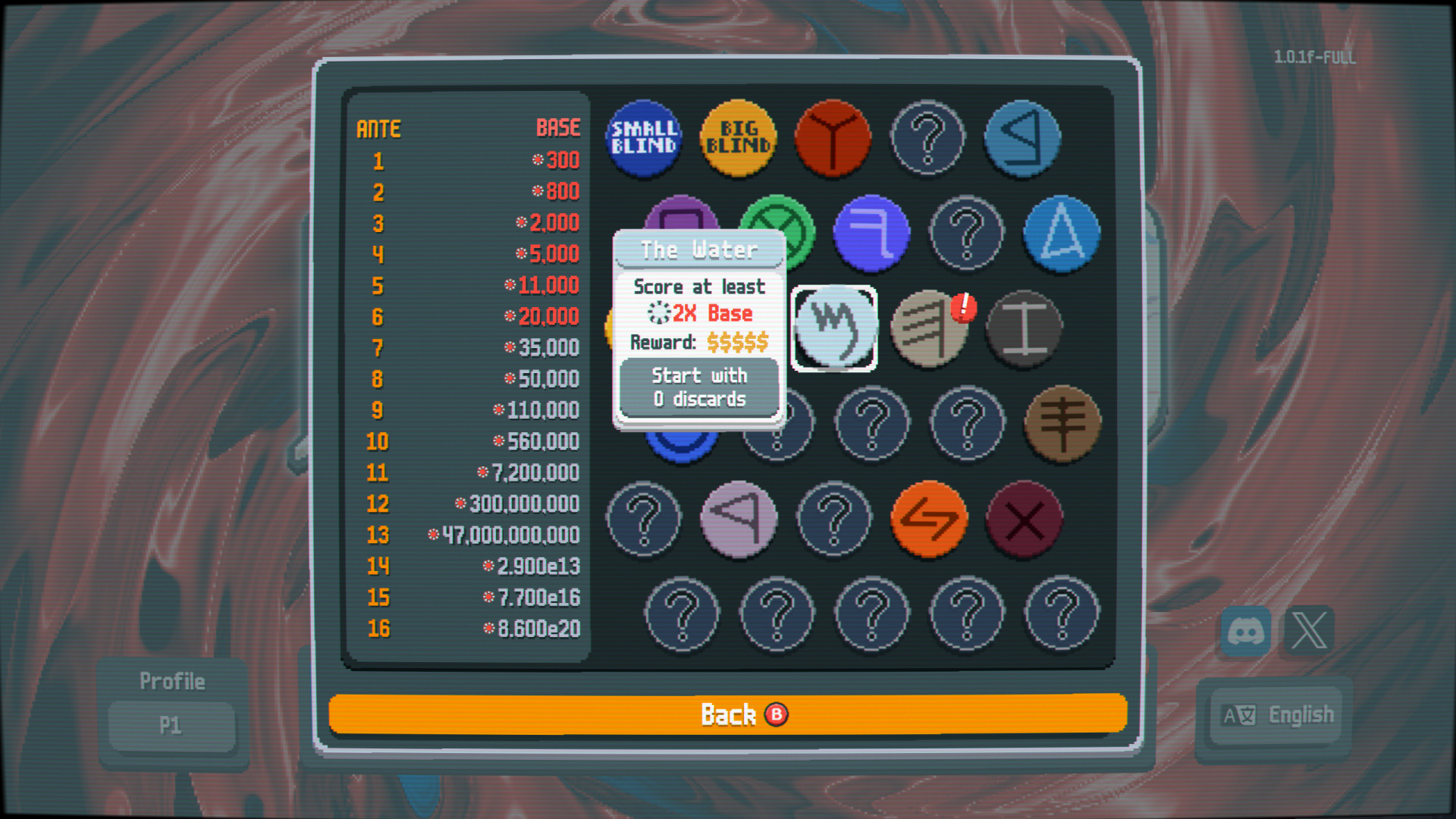 Same Anteprogression chart with The Water boss-blind tooltip: "Score at least ※2× Base — Reward: $$$$$ — Start with 0 discards"