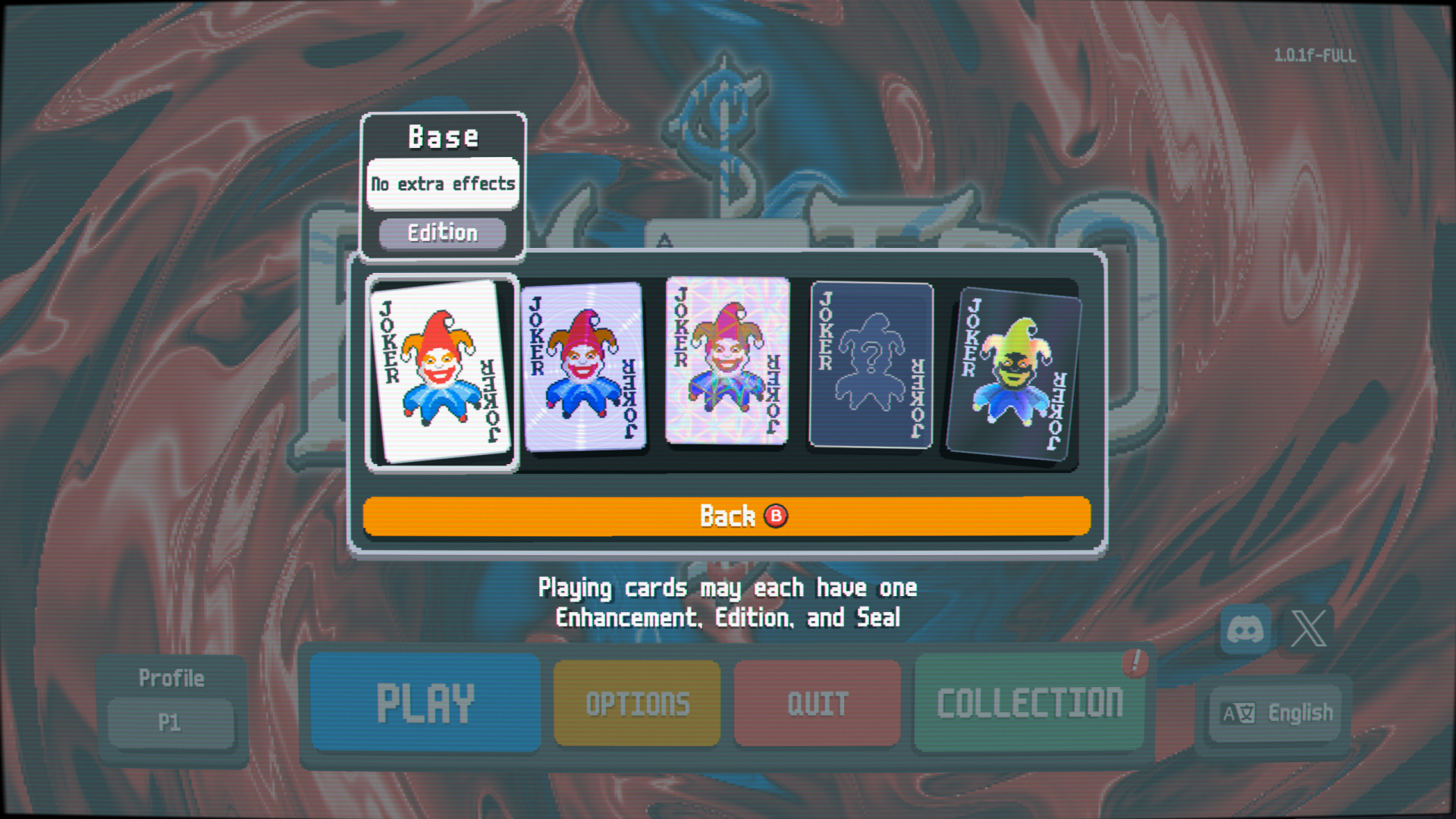 Joker editions display — five copies of the Joker base card showing different Editions: Base / Foil / Holographic / Polychrome / Negative. Tooltip on Base: "No extra effects." Caption: "Playing cards may each have one Enhancement, Edition, and Seal"