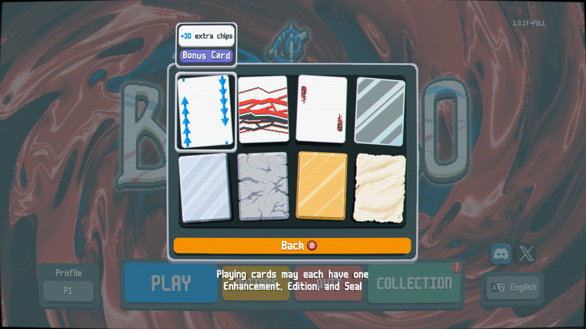 Enhancements grid — 8 enhancement card variants (Bonus / Mult / Wild / Glass / Steel / Stone / Gold / Lucky). Tooltip on Bonus: "+30 extra chips."