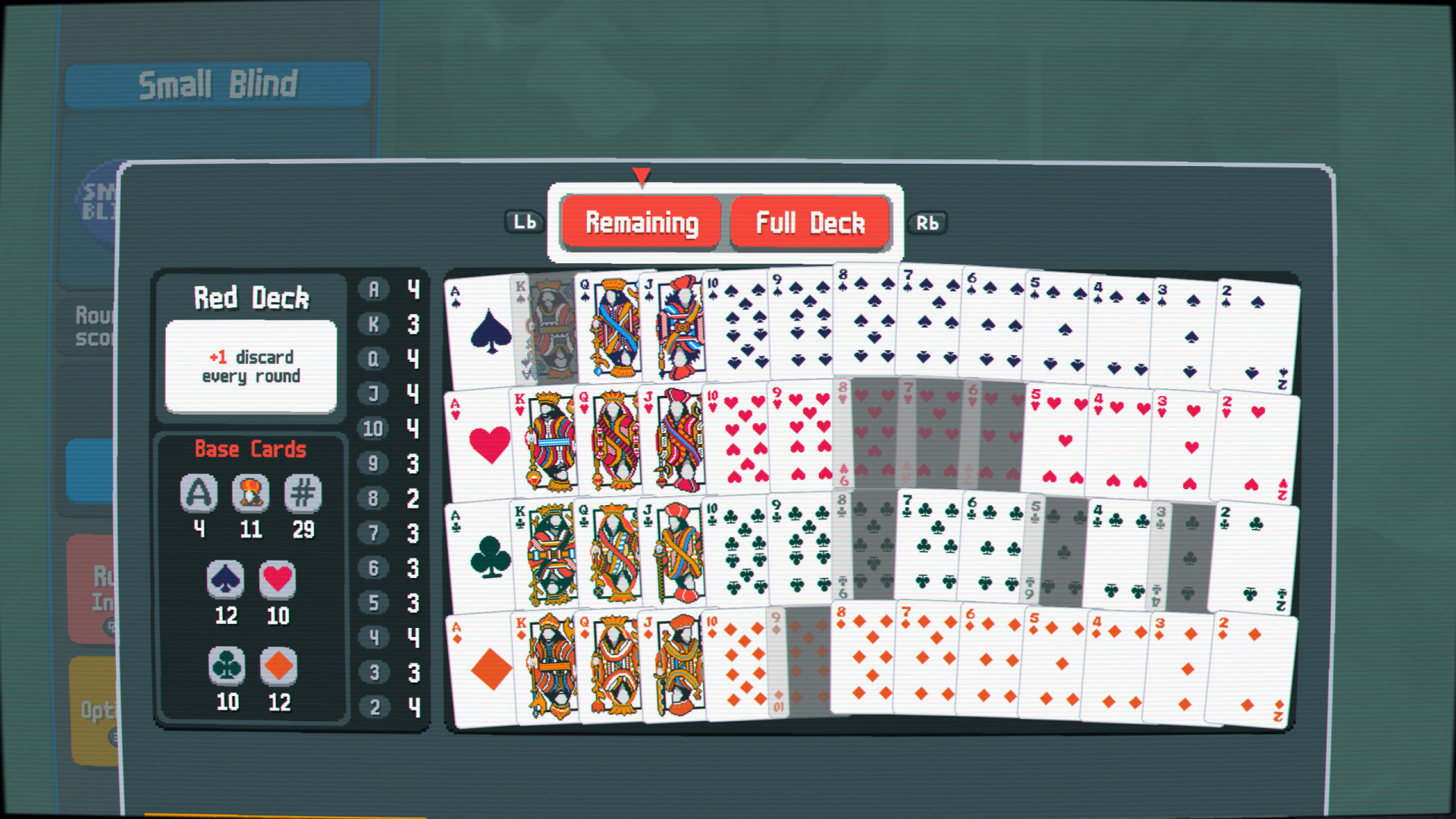 Full Deck reference — Red Deck shown (+1 discard every round). 4×13 grid of every playing card; greyed-out cards are already drawn or removed. Sidebar: rank counts (A 4 / K 3 / Q 4 / J 4 / 10 3 …) + suit counts (♠ 12 / ♥ 10 / ♣ 10 / ♦ 12)