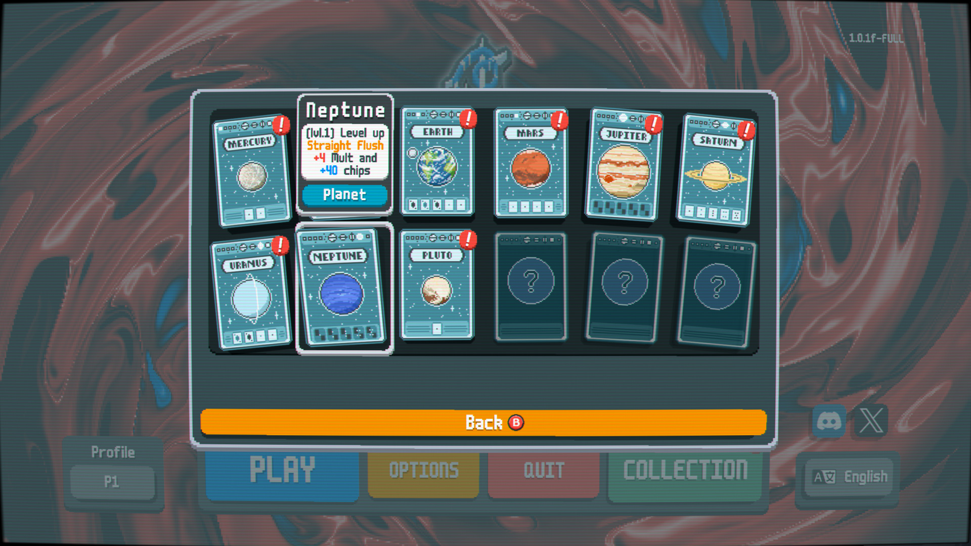 Planet Cards collection — Mercury / Venus / Earth / Mars / Jupiter / Saturn / Uranus / Neptune / Pluto in pixel-art booster-style layout. Neptune tooltip: "lvl.1 Level up Straight Flush — +4 Mult and +40 chips."