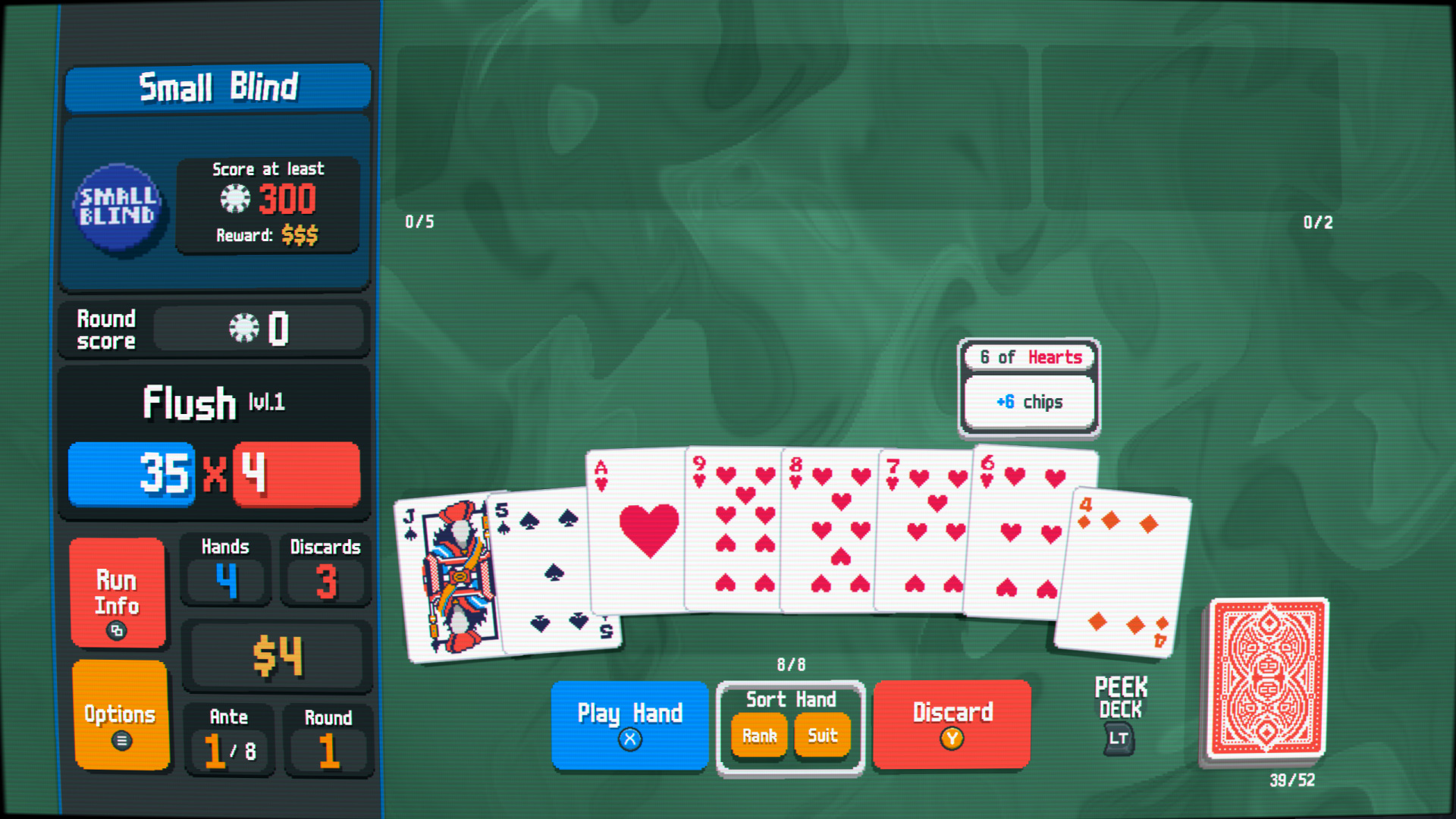 Balatro scoring a Flush — chips × mult readout 35 × 4