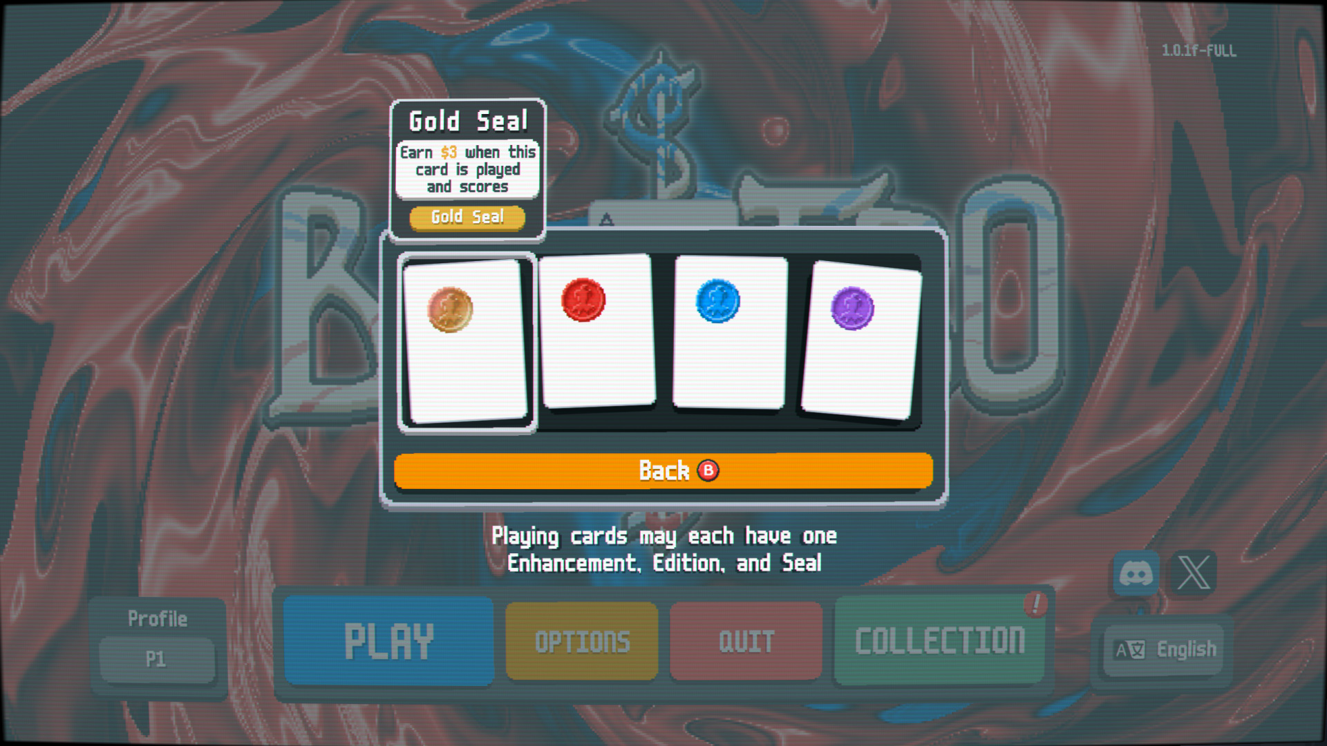 Seals grid — 4 colored seals (Gold / Red / Blue / Purple) on otherwise-blank playing cards. Tooltip on Gold Seal: "Earn $3 when this card is played and scores."