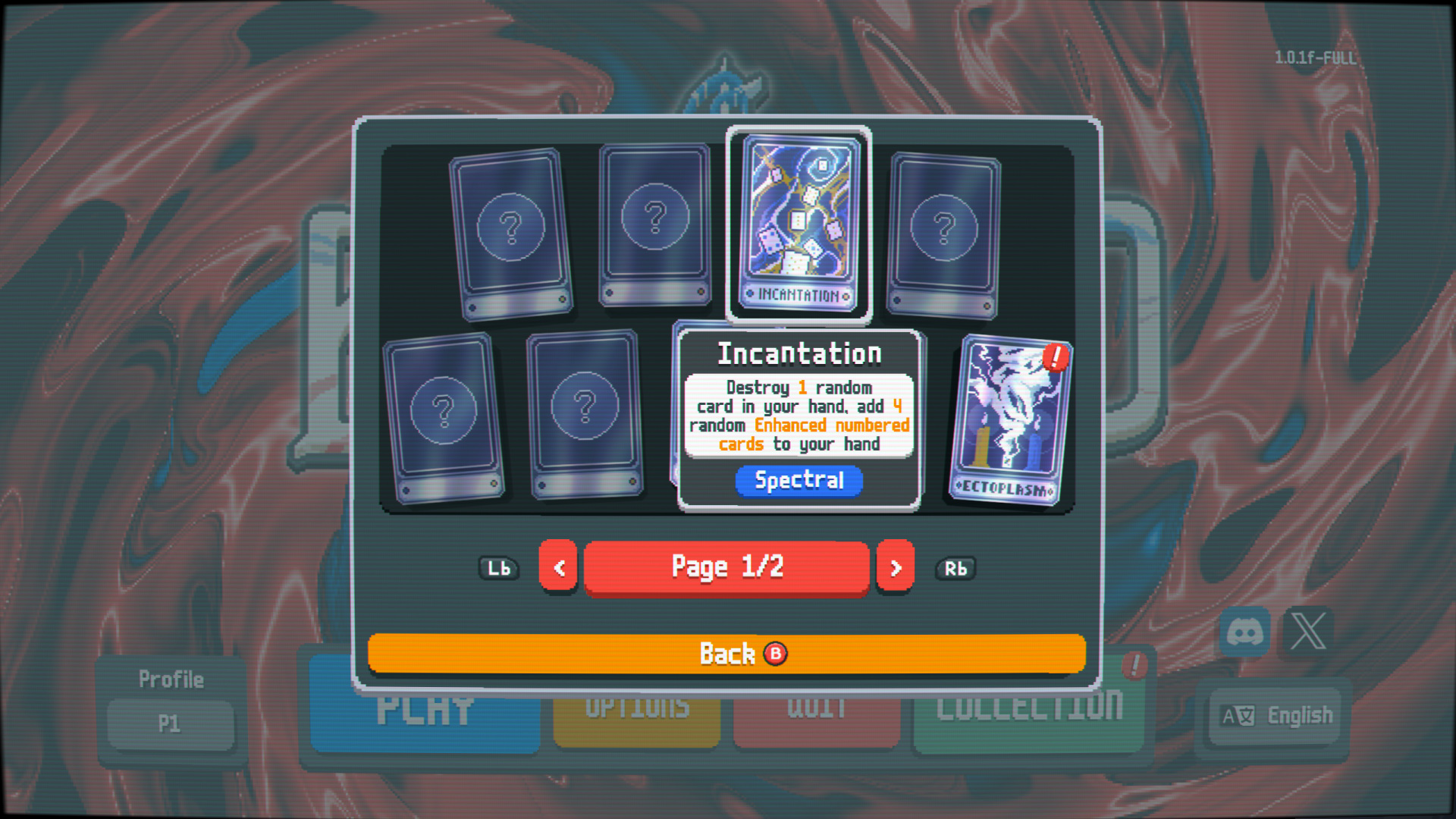 Spectral Cards collection — Incantation card visible with tooltip: "Destroy 1 random card in your hand, add 4 random Enhanced numbered cards to your hand." Ectoplasm in the side preview