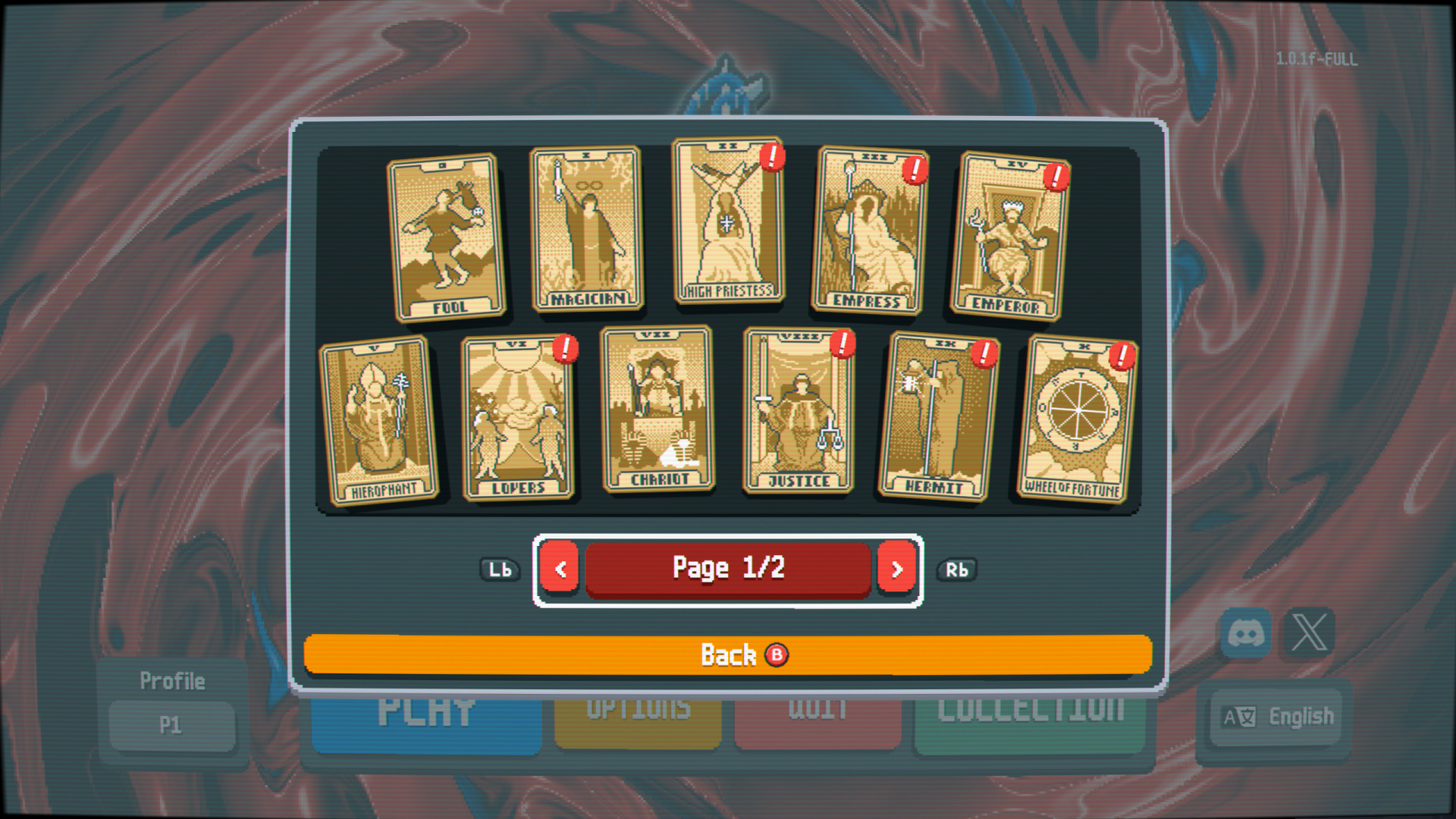 Tarot Cards collection — 22 Major-Arcana cards in pixel-art (Fool / Magician / High Priestess / Empress / Emperor / Hierophant / Lovers / Chariot / Justice / Hermit / Wheel of Fortune visible)