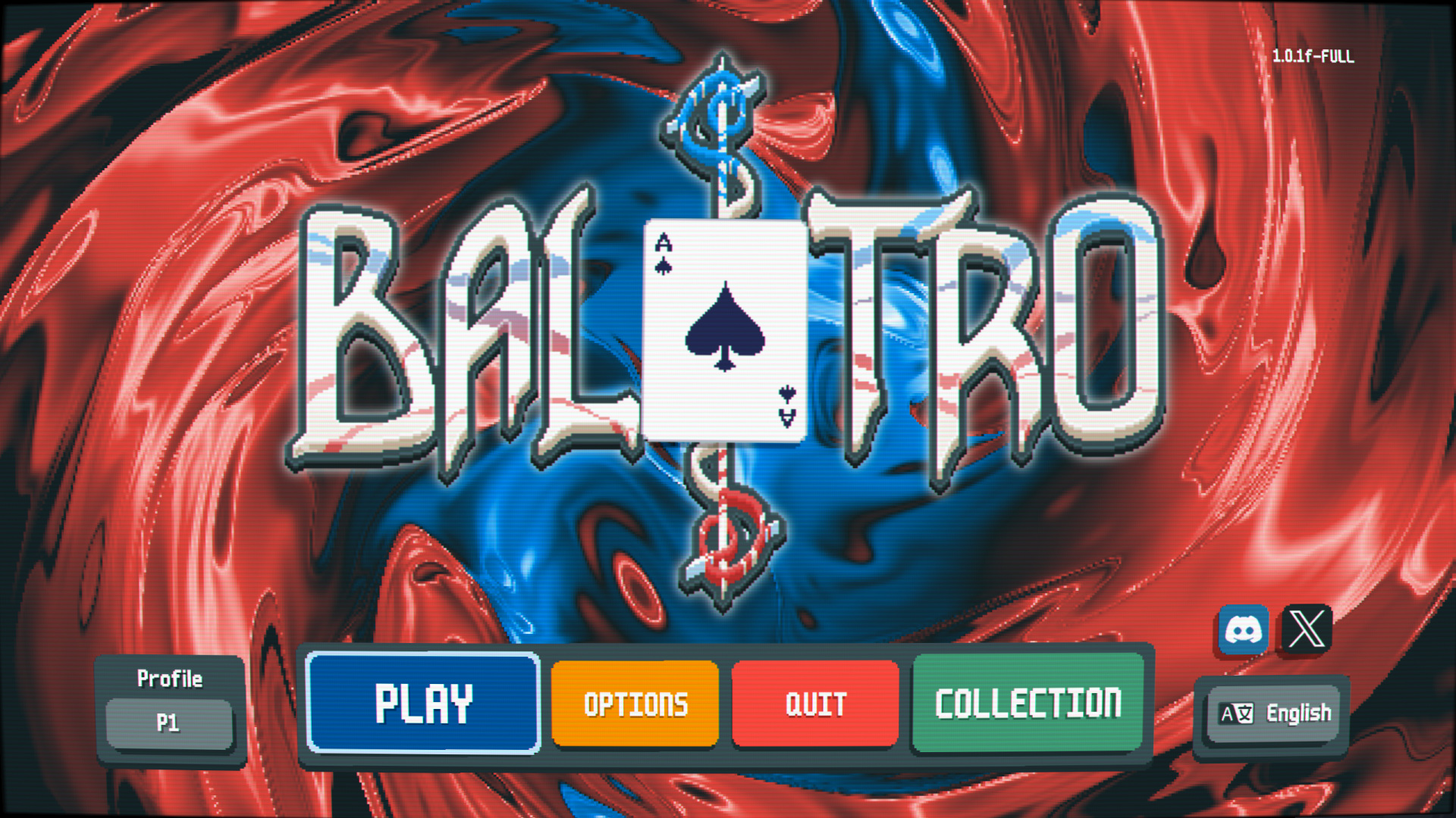 Balatro title screen — "BALATRO" logo with the Ace of Spades through the centre, melted-marble red and blue background, menu showing Play / Options / Quit / Collection