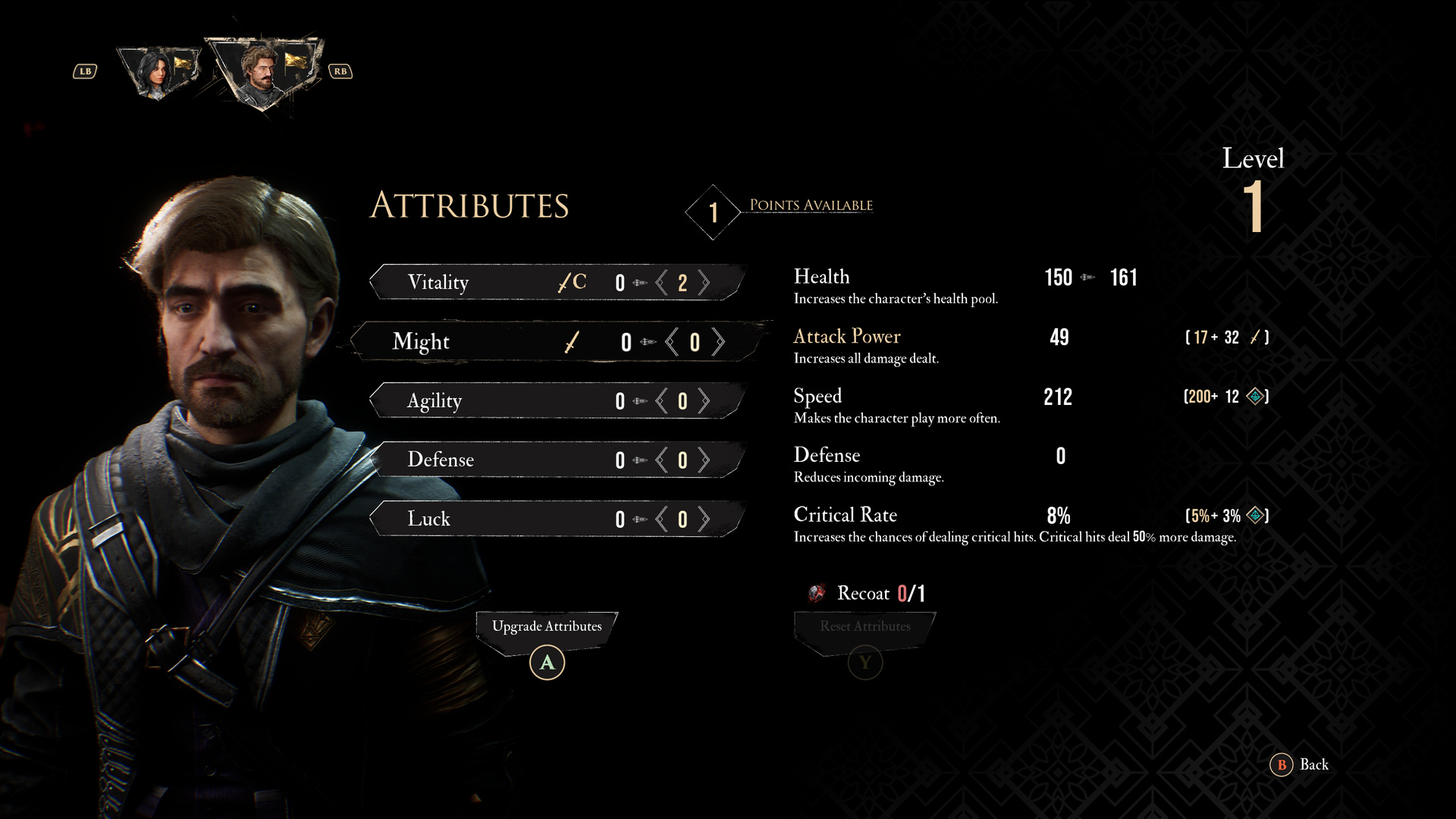 Attributes screen with derived-stat breakdown