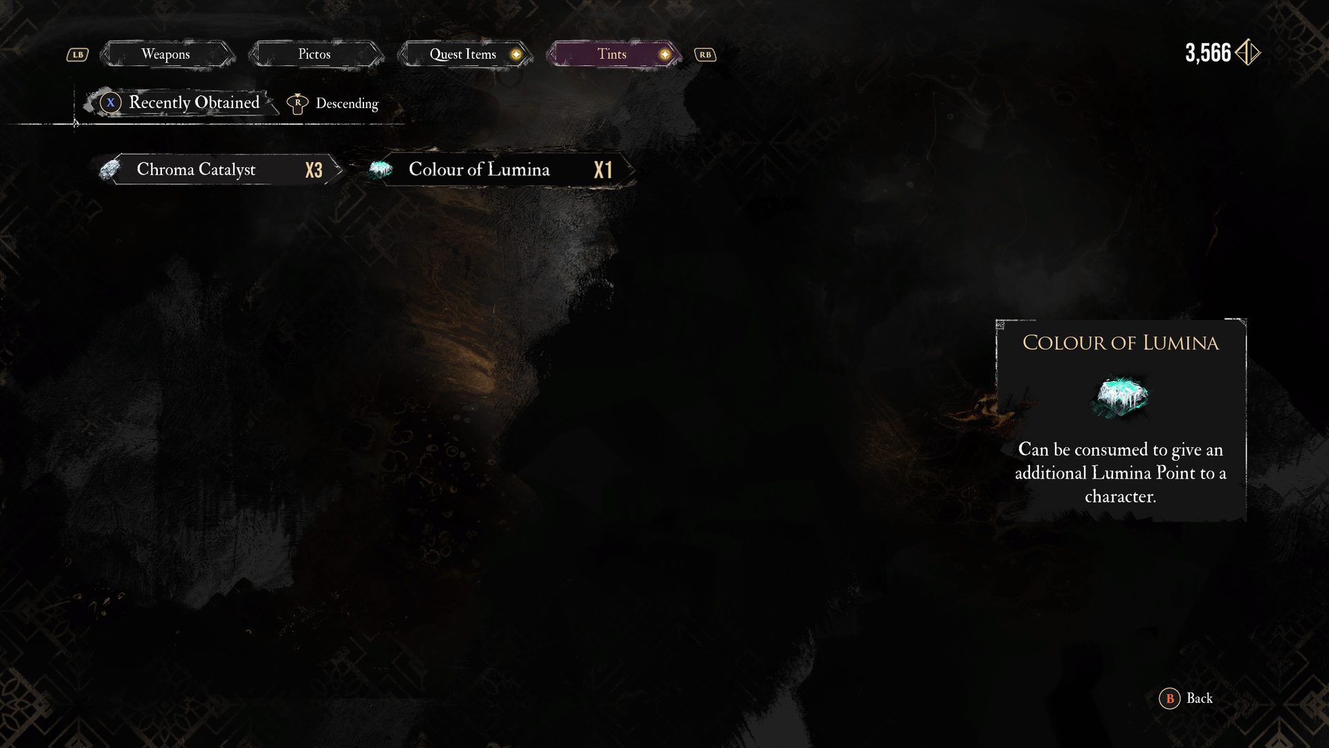 Inventory showing the Colour of Lumina consumable
