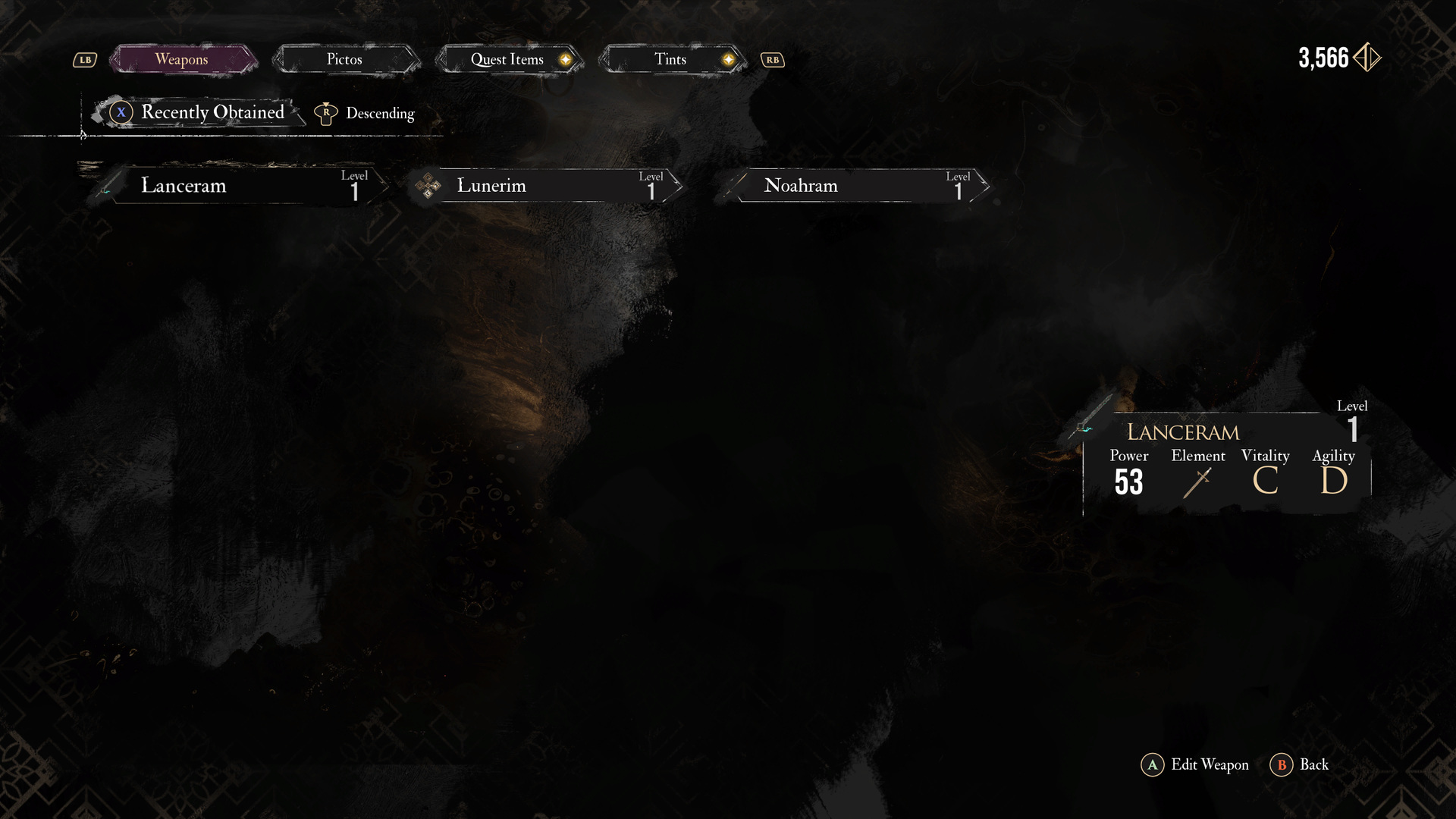 Weapons tab of the inventory