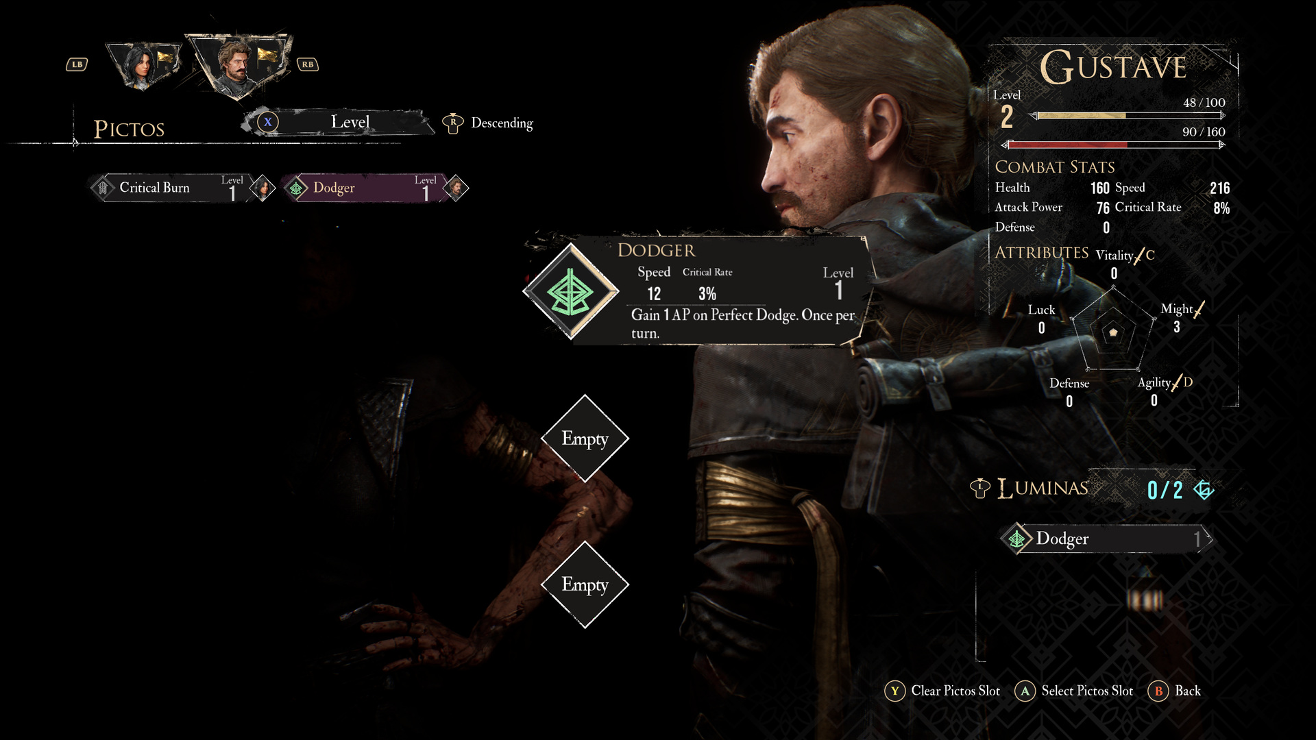 Expedition 33 Pictos screen with Dodger tooltip and Lumina counter