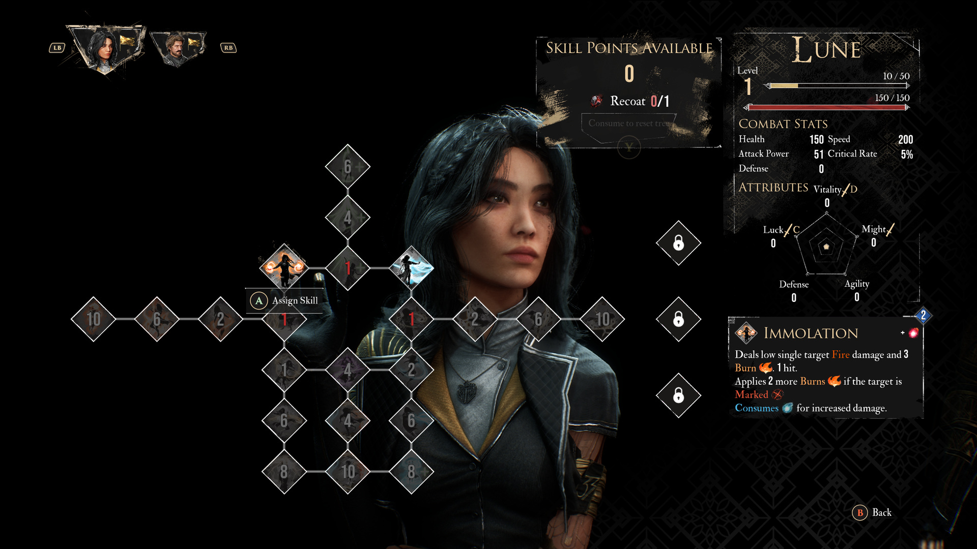 Lune's skill tree with the Immolation tooltip