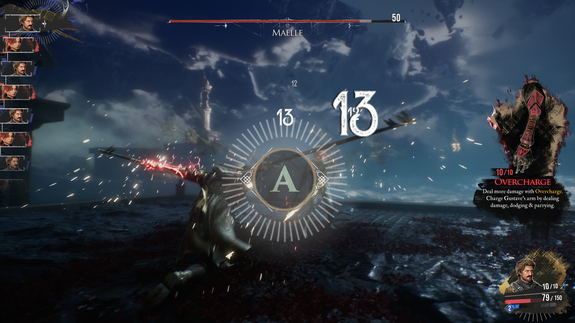 Clair Obscur: Expedition 33 timed-hit ring mid-attack with Overcharge gauge full