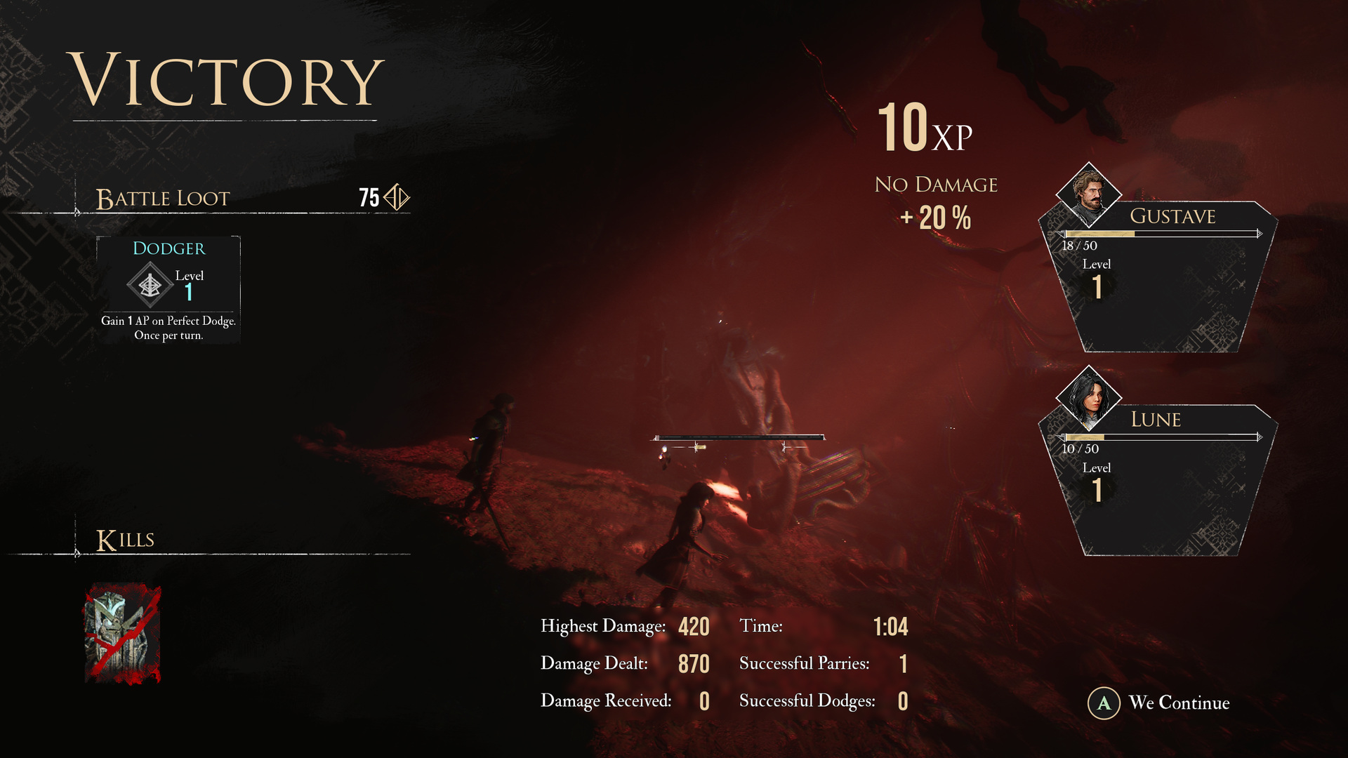 Victory screen with No Damage bonus