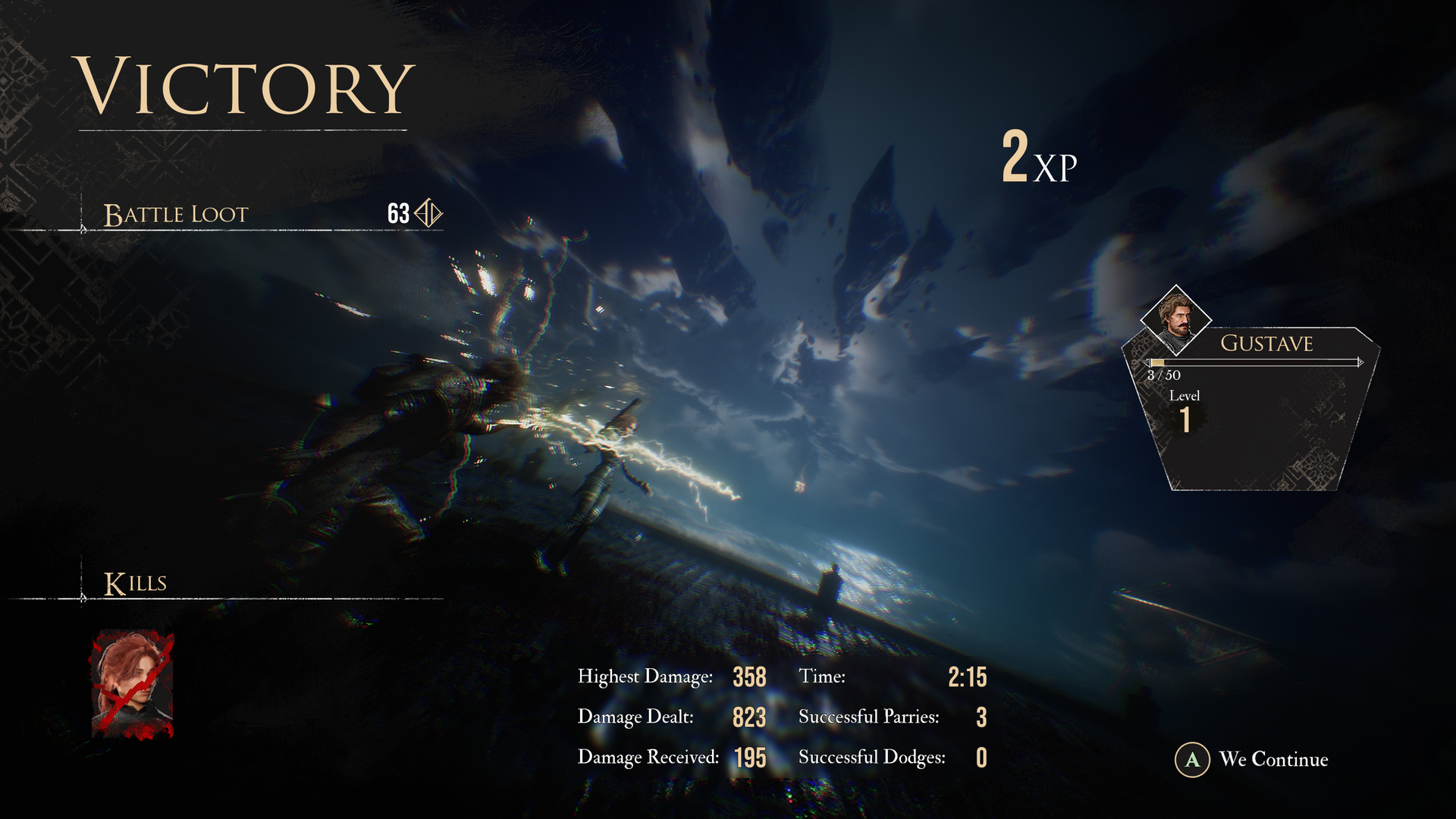 Victory screen with battle stats
