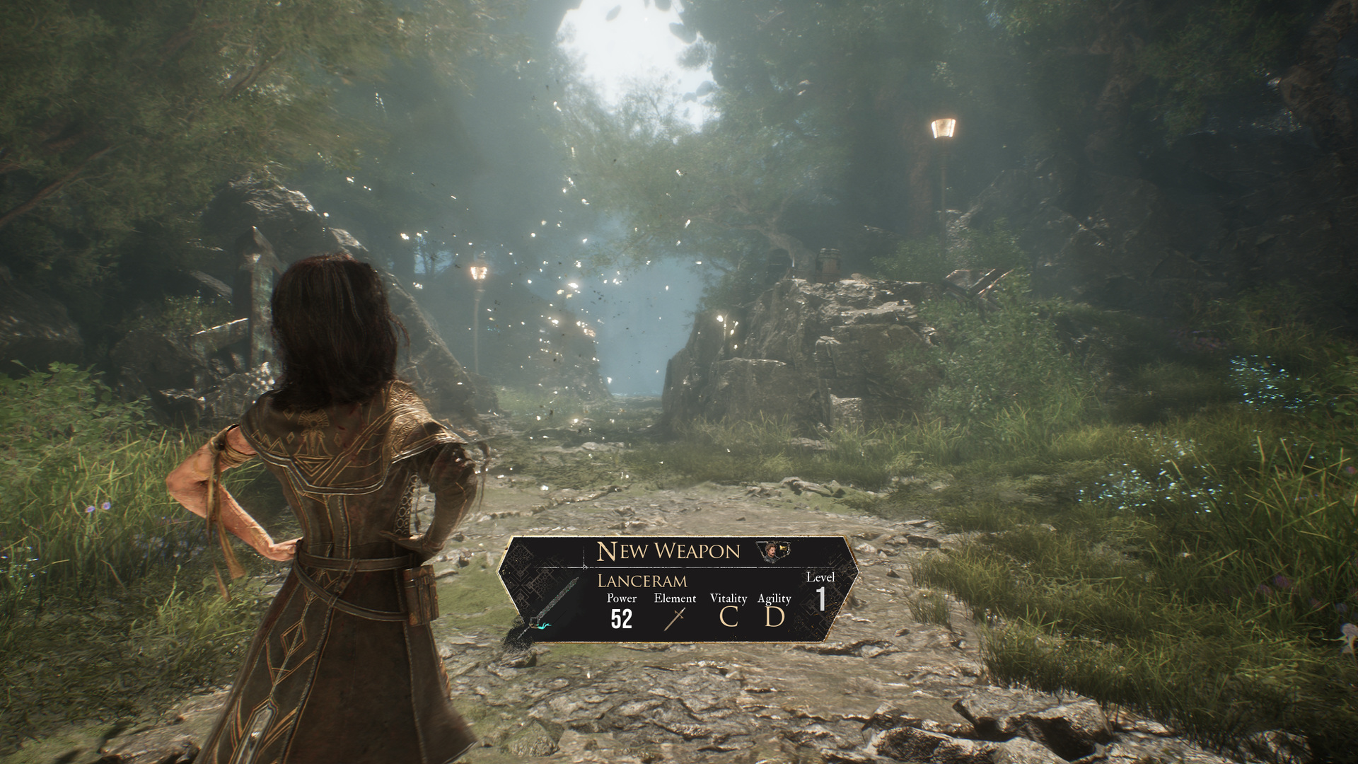 New Weapon pickup card showing scaling letters