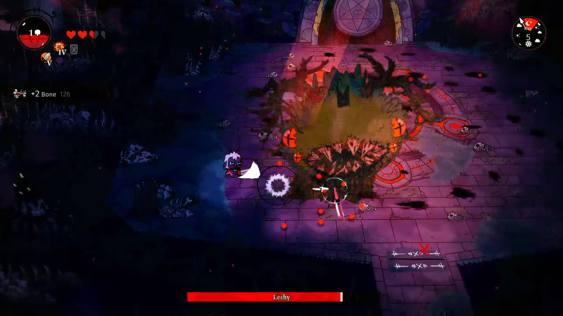 Leshy boss fight in Darkwood: bullet-hell projectiles spreading from a thorned arena, the Lamb dashing through a curse, +2 Bone pickup ticking up