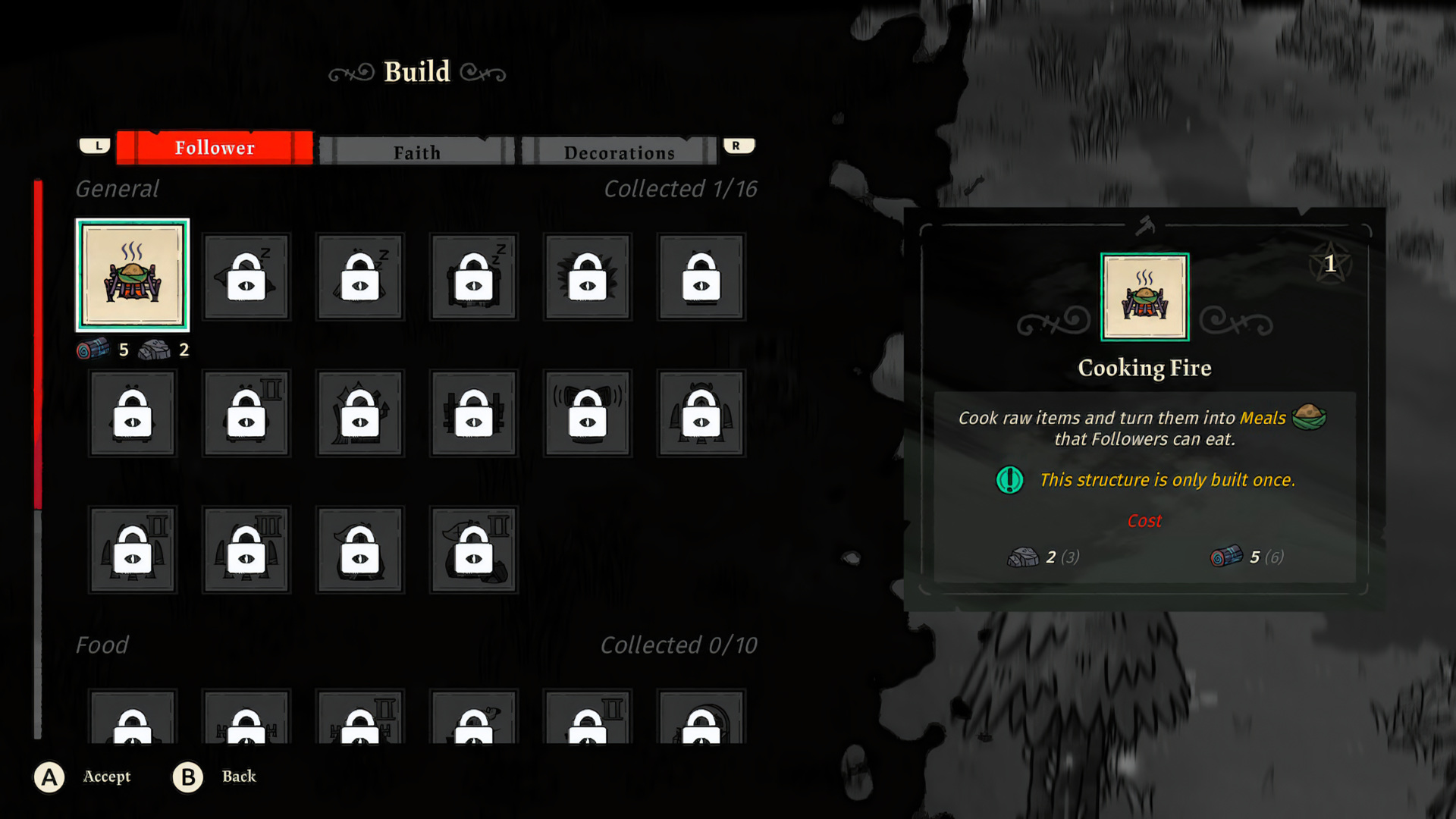 Build menu, Follower / Faith / Decorations tabs; Cooking Fire selected (1/16 General buildings collected) showing wood + stone cost