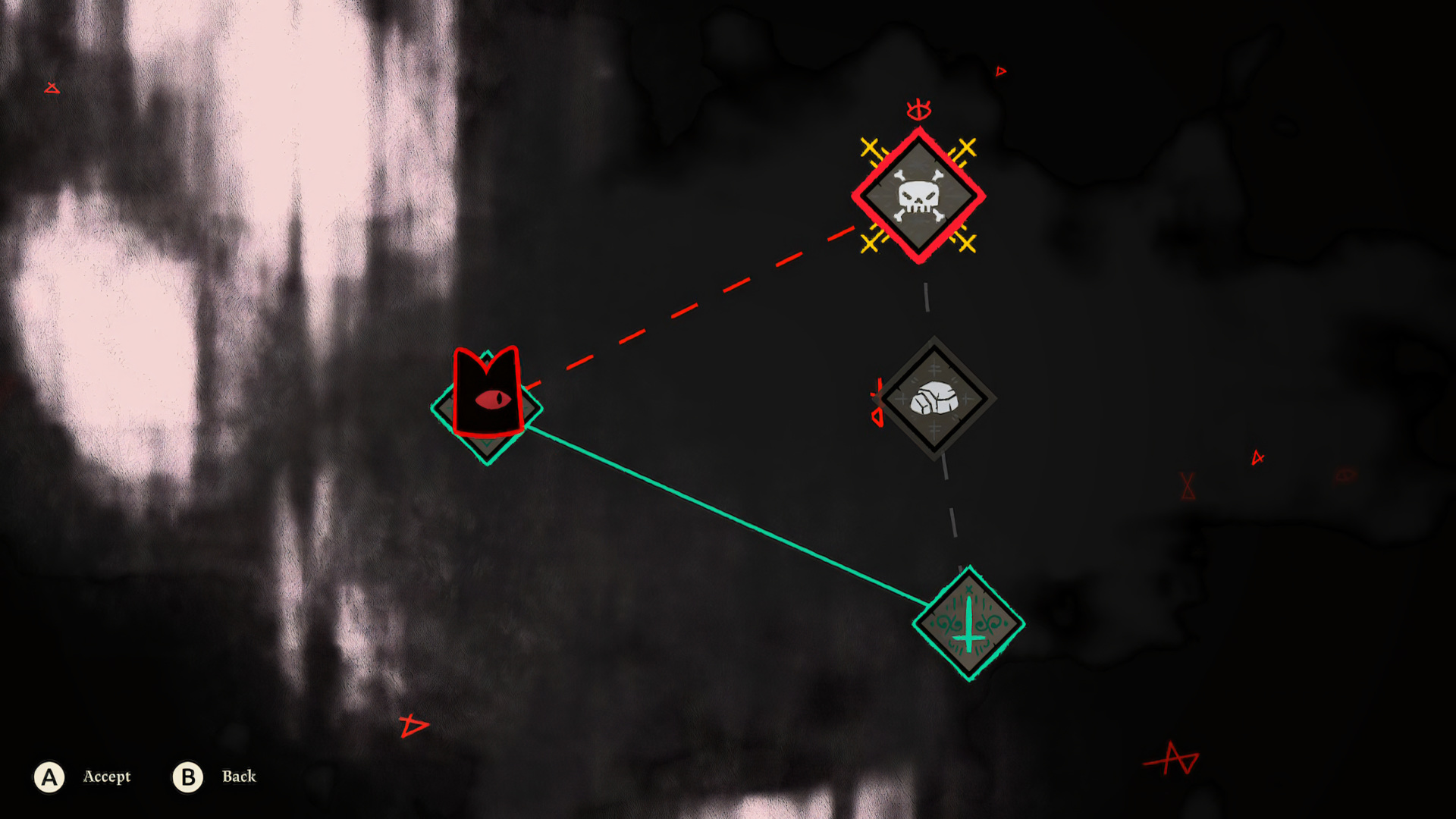 Cult of the Lamb's mid-Crusade DAG with a skull boss, tarot tent and combat node