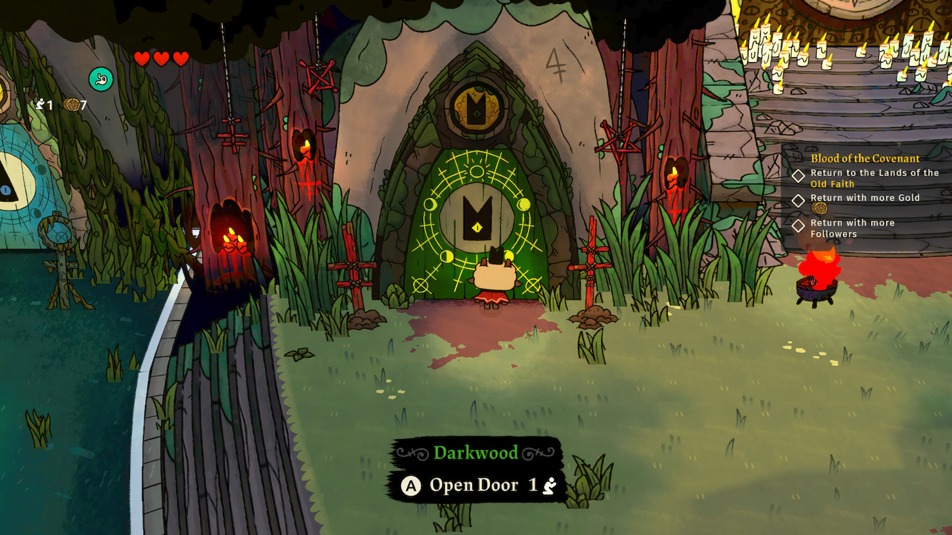 A Crusade door, "Darkwood, Open Door: 1 Follower"; the Lamb stands in front of a glowing green gate; the right-hand "Blood of the Covenant" tracker is pinned