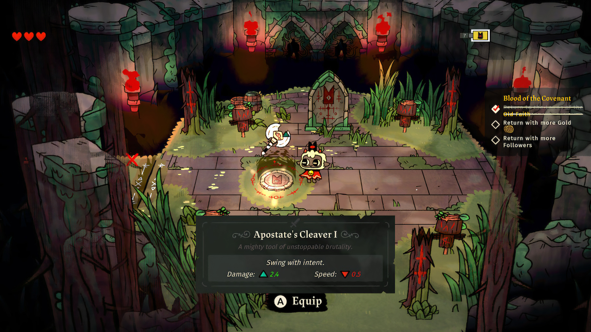 A Darkwood entry room: the Lamb standing next to a pedestal with the Apostate's Cleaver I weapon on offer; Damage +2.4, Speed -0.5 deltas visible