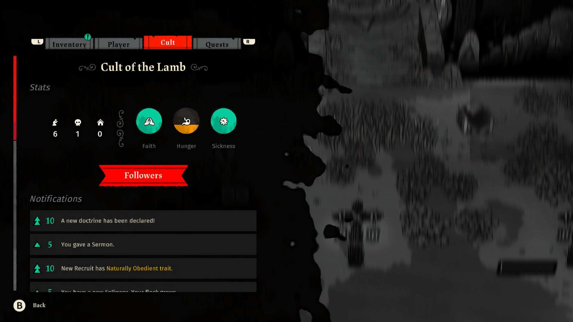 Cult menu showing Followers / Dead / Buildings counters above the Faith (green) / Hunger (half-red) / Sickness (teal) circular meters; below: notification feed
