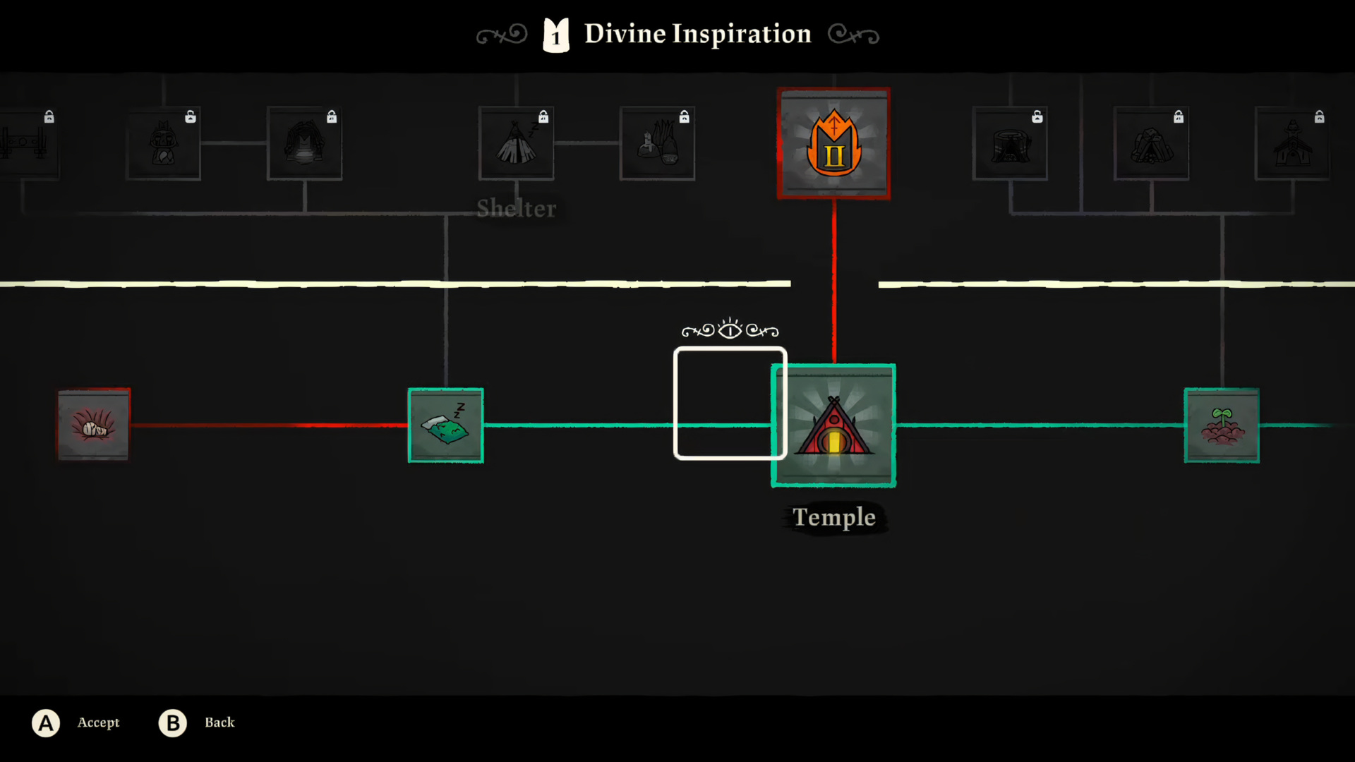 The Divine Inspiration tech tree, Shelter row at top, with Sleeping Bags → Tent → Shelters → Houses; a parallel Temple branch at right with Temple-II red-bordered (current unlock); paths in teal (unlocked) and red (locked-prereq)