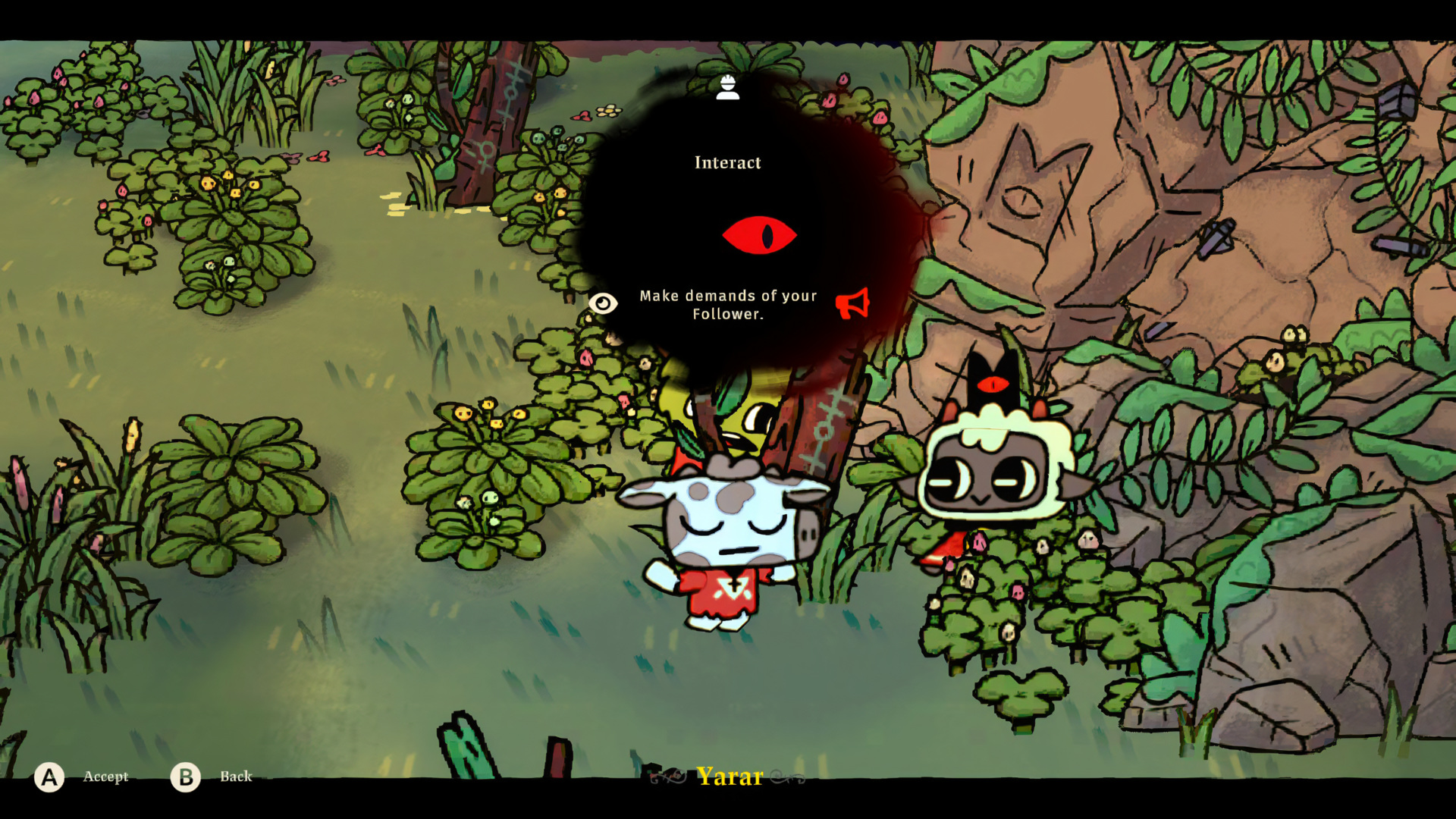 Lamb interacting with follower Yarar, red-eye menu showing "Make demands of your follower" / Interact