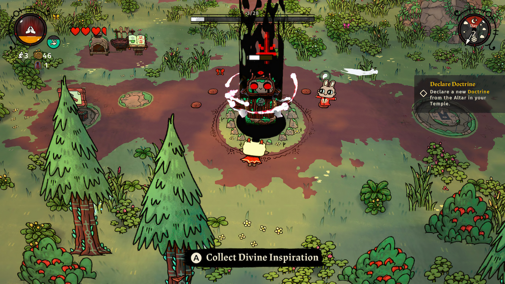 Light beam at the hub temple, "Collect Divine Inspiration" prompt; "Declare Doctrine" tracker pinned right