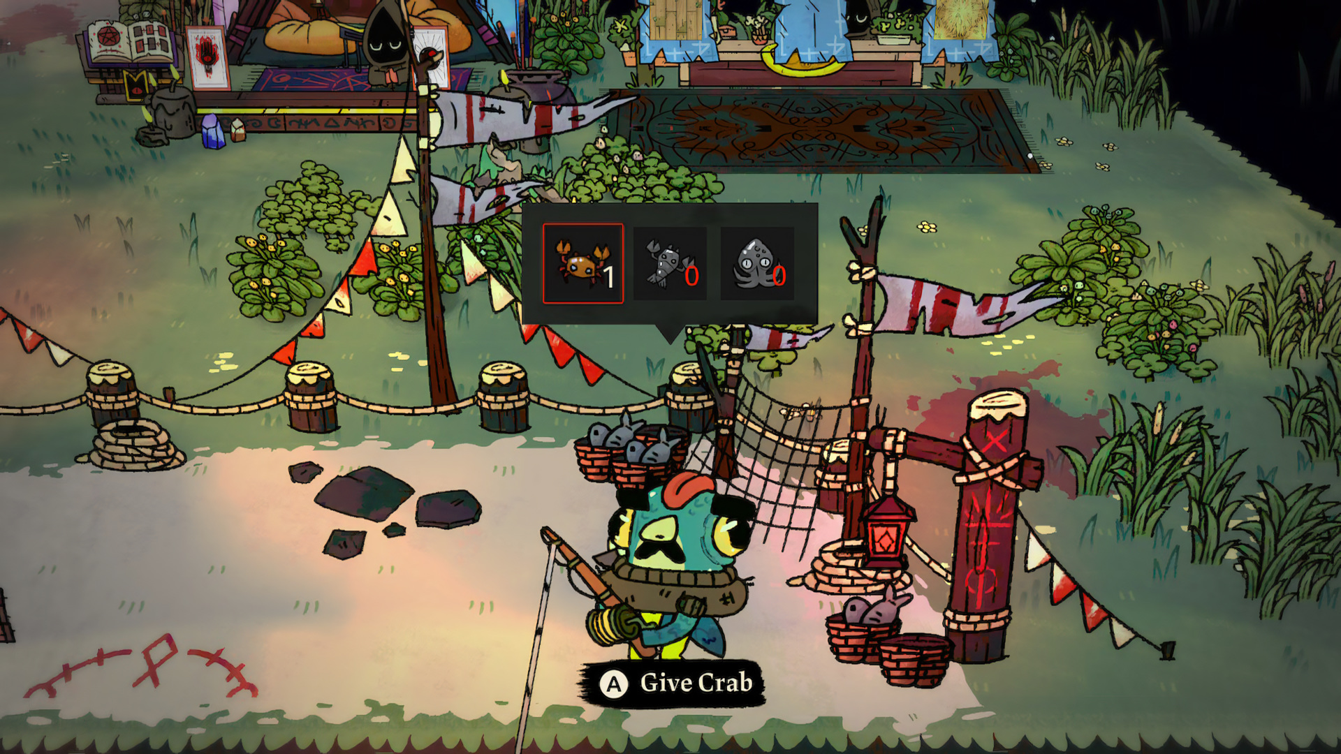 Lamb fishing at the dock, "Give Crab" prompt at the active line