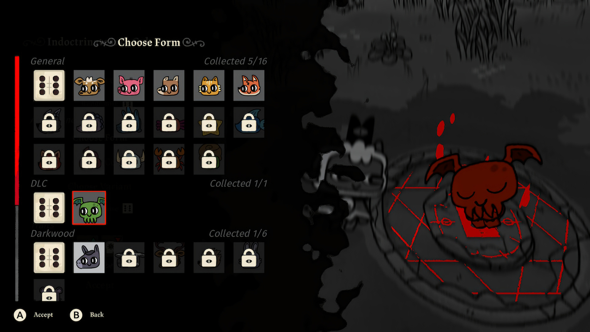 The Choose Form grid, General (5/16 unlocked), DLC (1/1, green Cthulhu form), Darkwood (1/6)