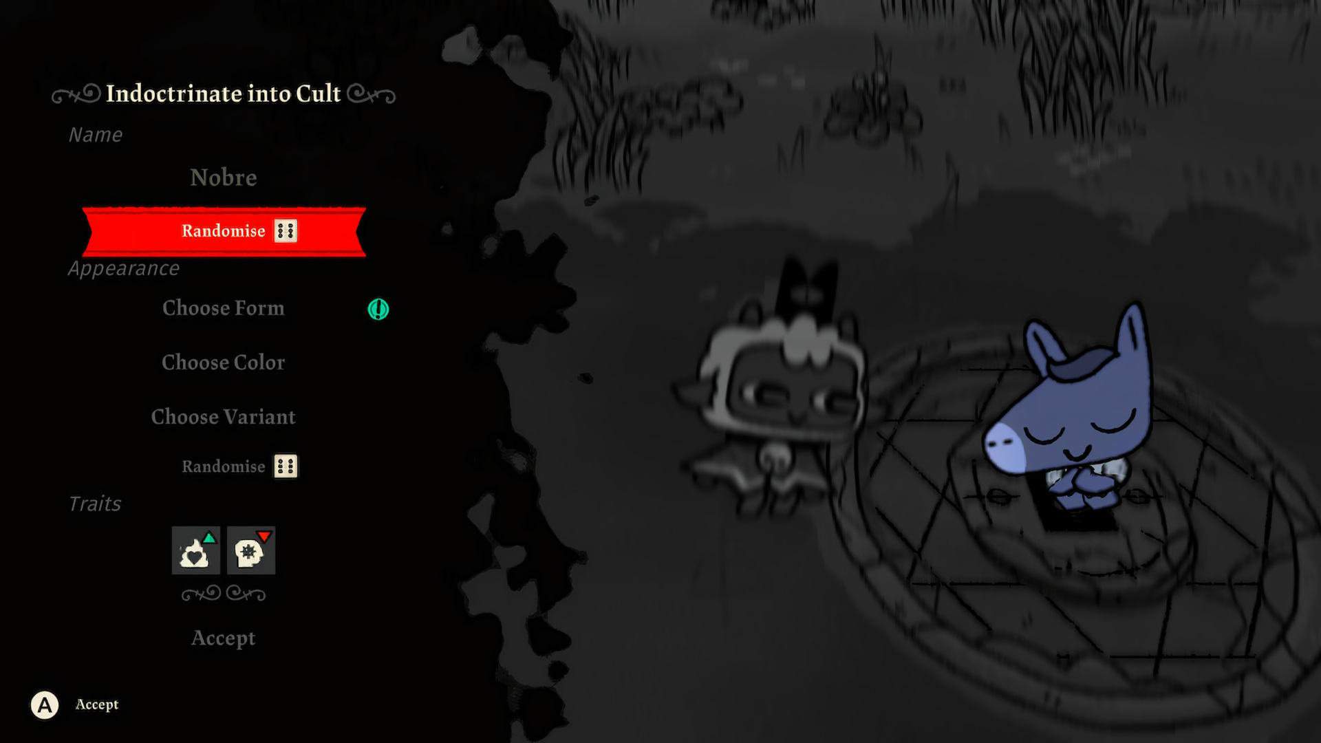 Indoctrinate into Cult menu, Name (Nobre), Appearance/Choose Form/Choose Color, with "Randomise" button highlighted, two candidate cultists faded in the background