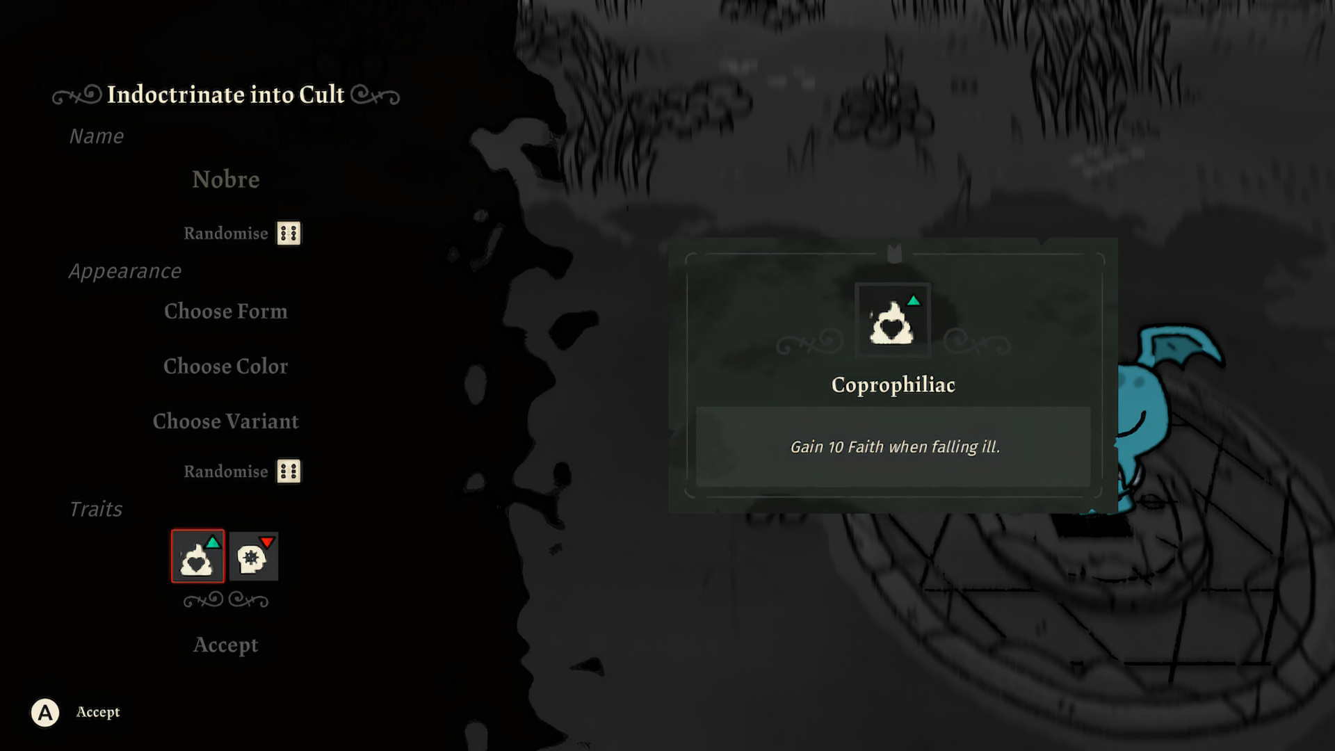 Indoctrinate Traits panel, "Coprophiliac: Gain 10 Faith when falling ill" trait detail with green up-triangle (positive)