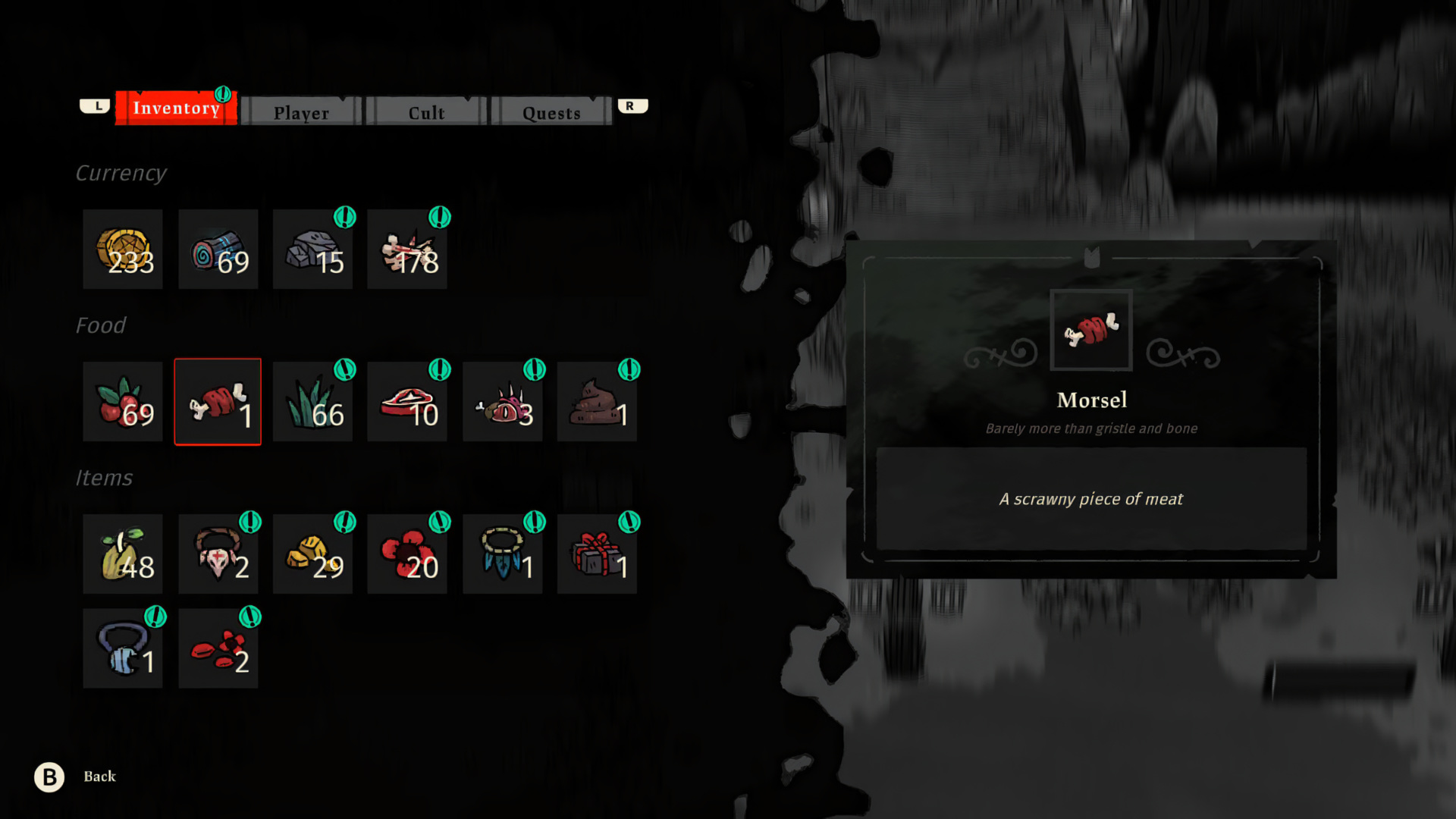 Inventory: currencies (gold, lumber, stone, bones), food row (Morsel highlighted with tooltip), items row