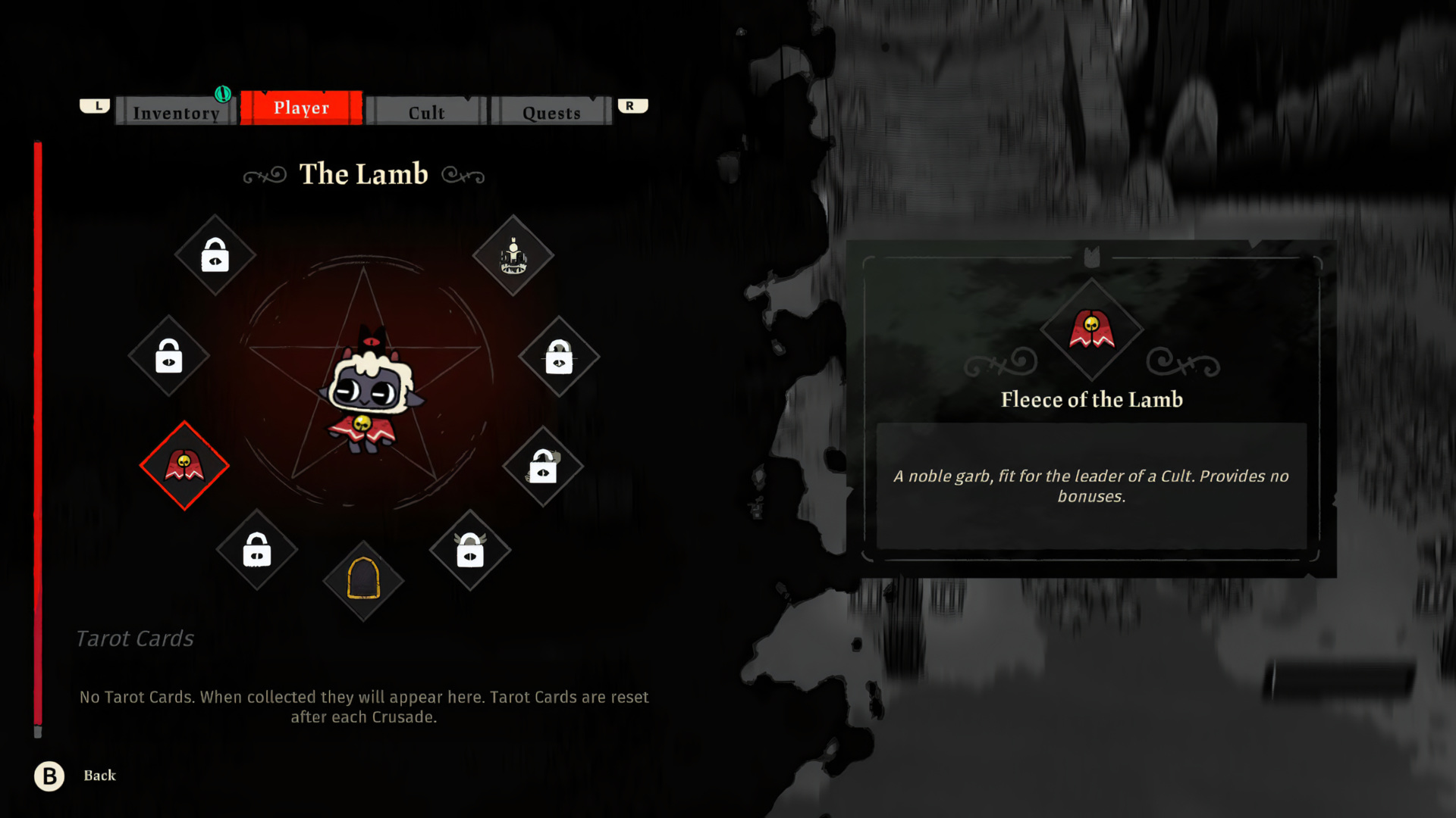 Player menu: Lamb in centre of pentagram, eight Tarot slots (mostly locked), Fleece of the Lamb equipped, footnote "Tarot Cards are reset after each Crusade"