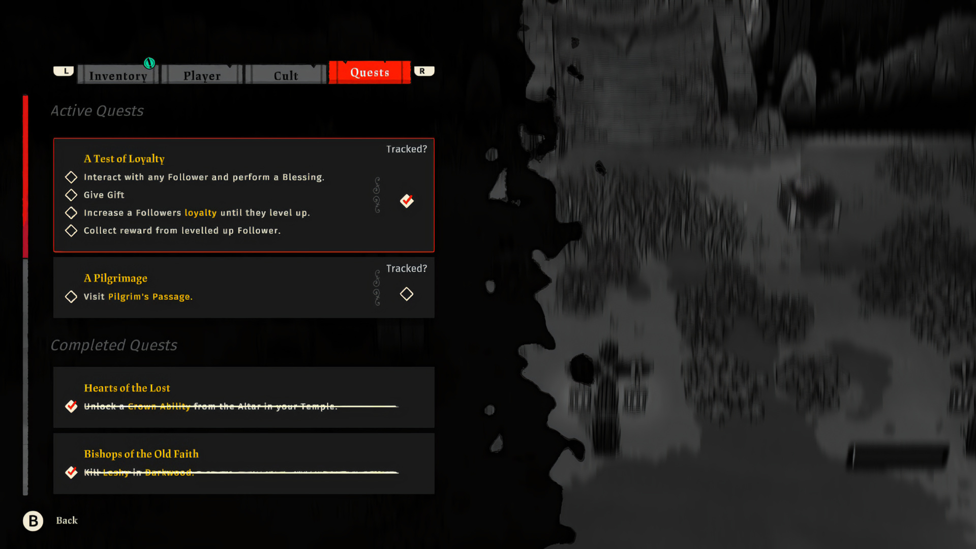 Quest log with active "A Test of Loyalty" 4-step checklist and a "A Pilgrimage" sidequest