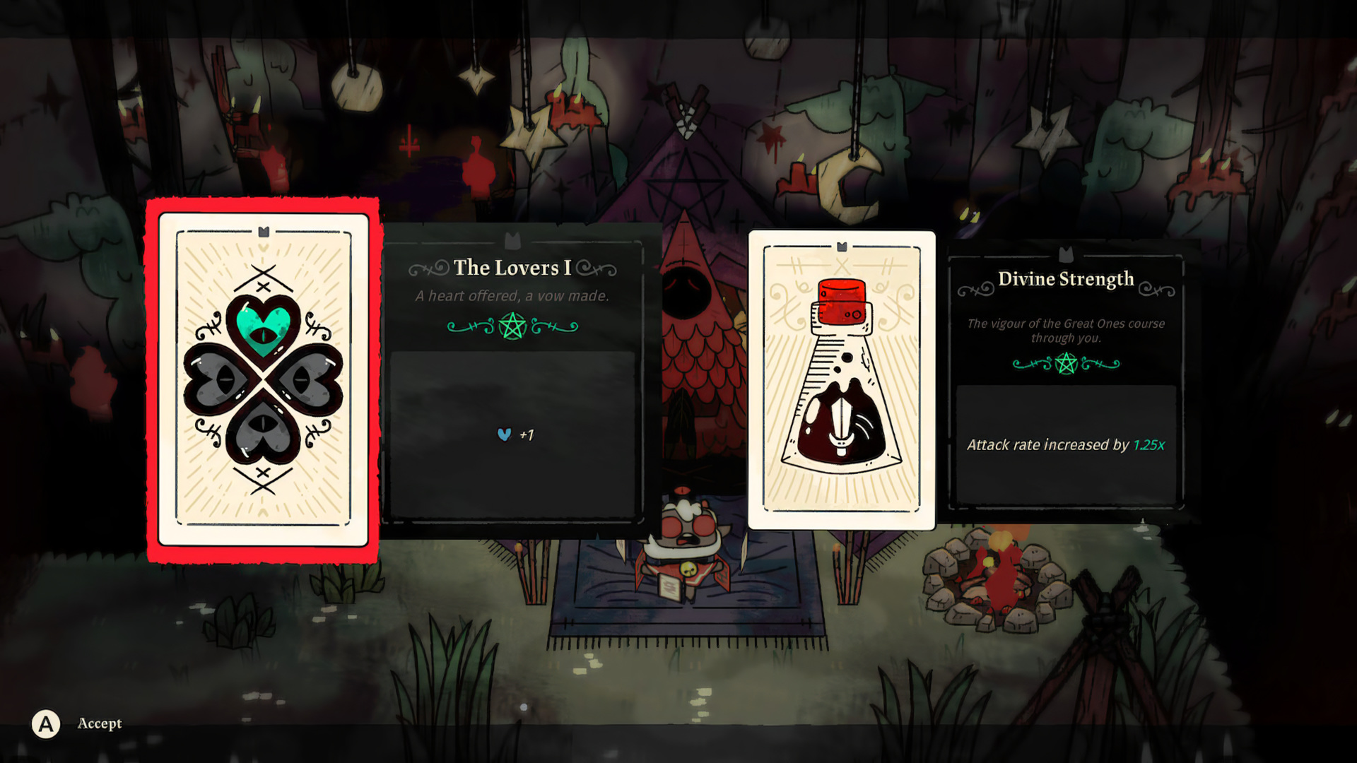 A Tarot pickup choice, "The Lovers I (+1 ❤)" vs "Divine Strength (Attack rate increased by 1.25×)"