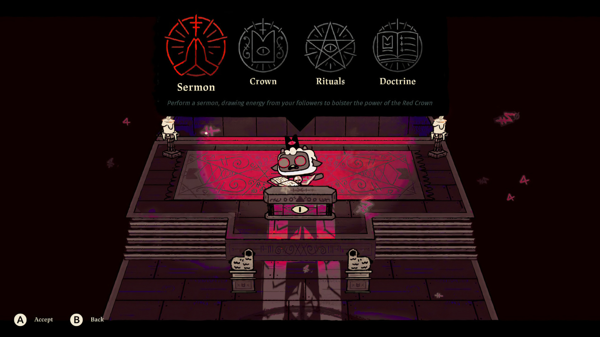 The Temple's four-icon ritual menu, Sermon, Crown, Rituals, Doctrine, Sermon selected with the caption "Perform a sermon, drawing energy from your followers to bolster the power of the Red Crown"