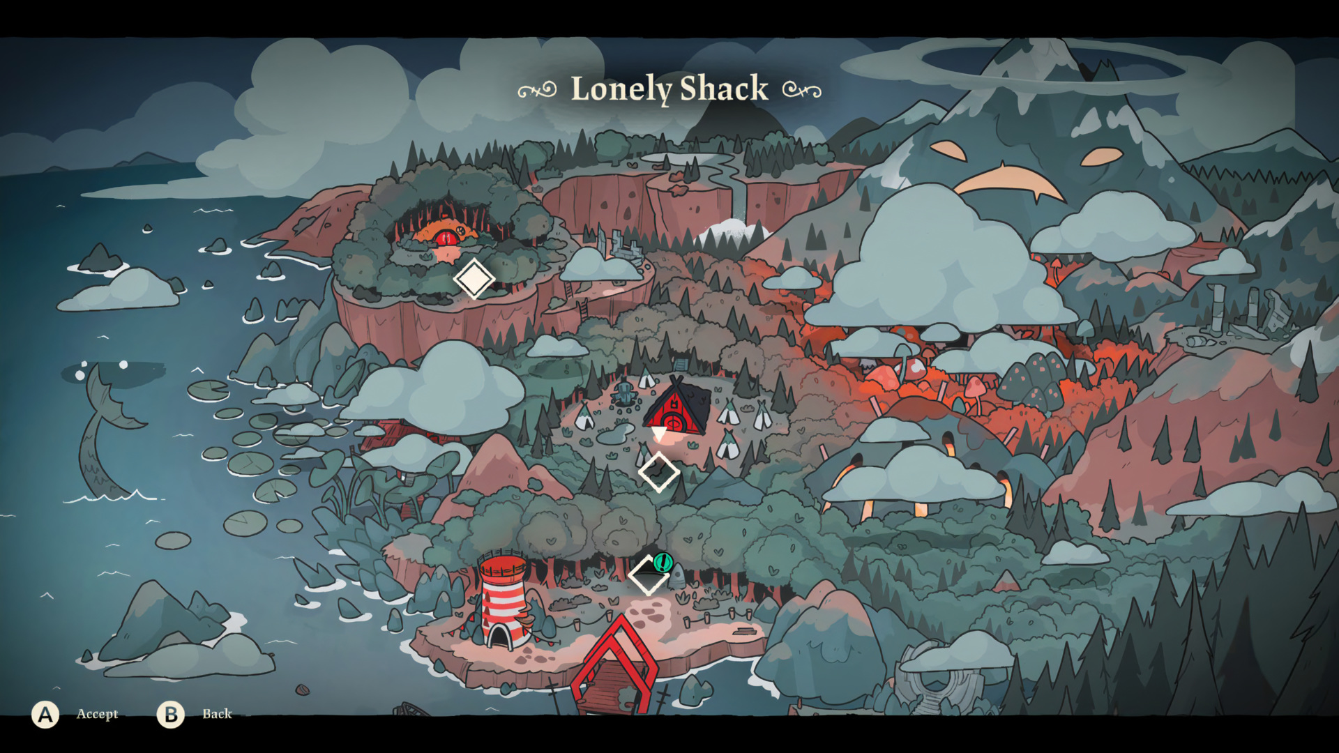 Overworld map showing the Lonely Shack hub with crusade entrances and side locations