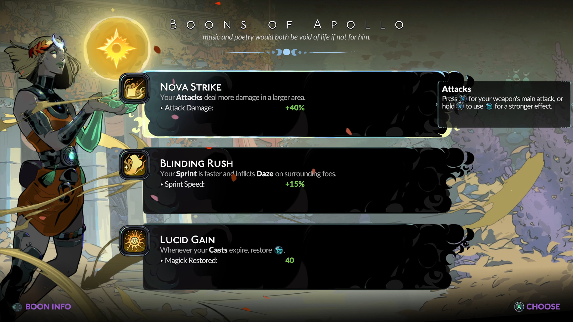 Boons of Apollo — three options shown: Nova Strike (Attacks deal more damage in a larger area, +40%), Blinding Rush (Sprint faster + Daze), Lucid Gain (restore Magick when Casts expire)