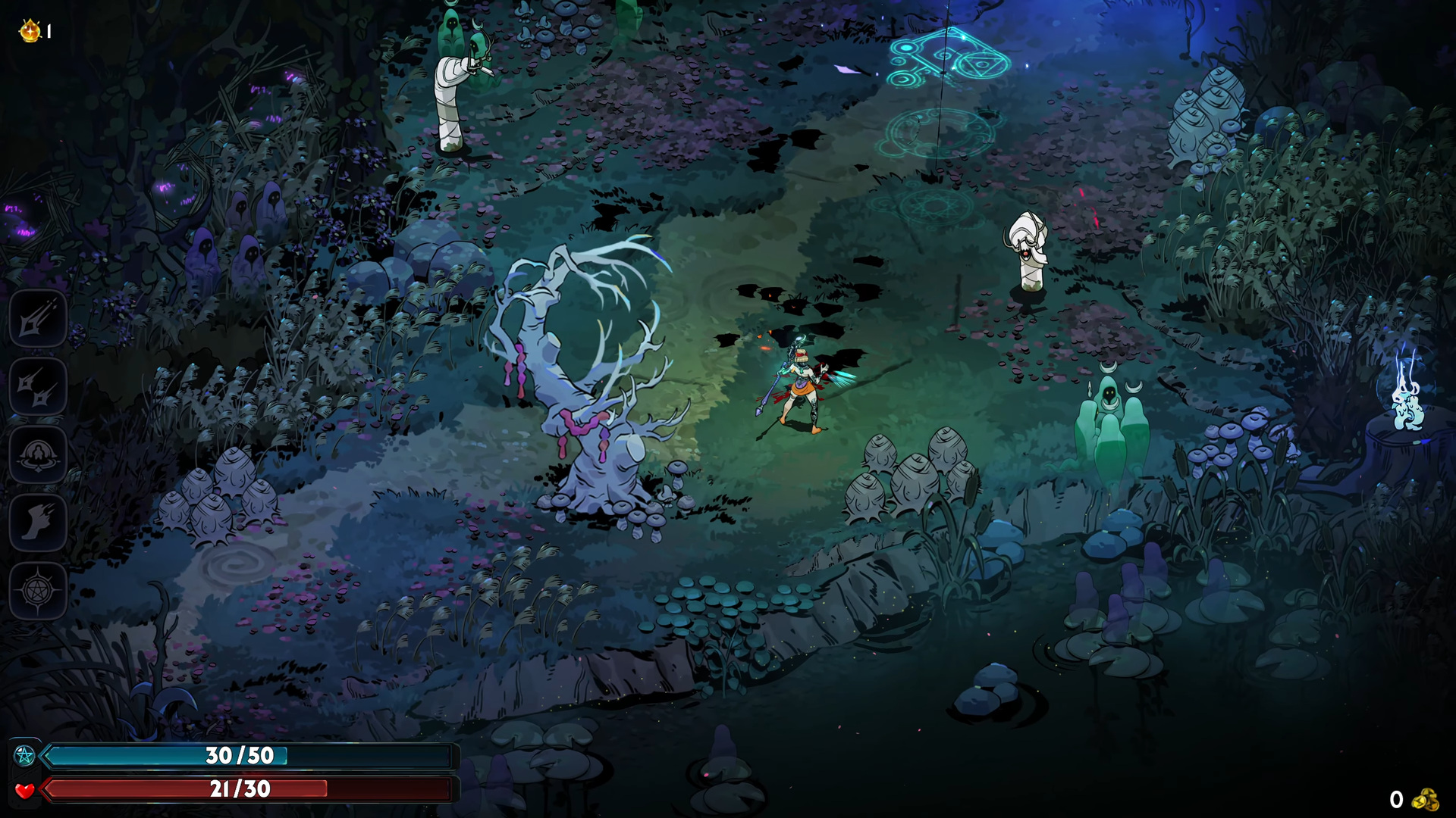 Hades II exploration HUD — Melinoë in the Erebus biome with abilities row, Magick + HP bars, gold counter