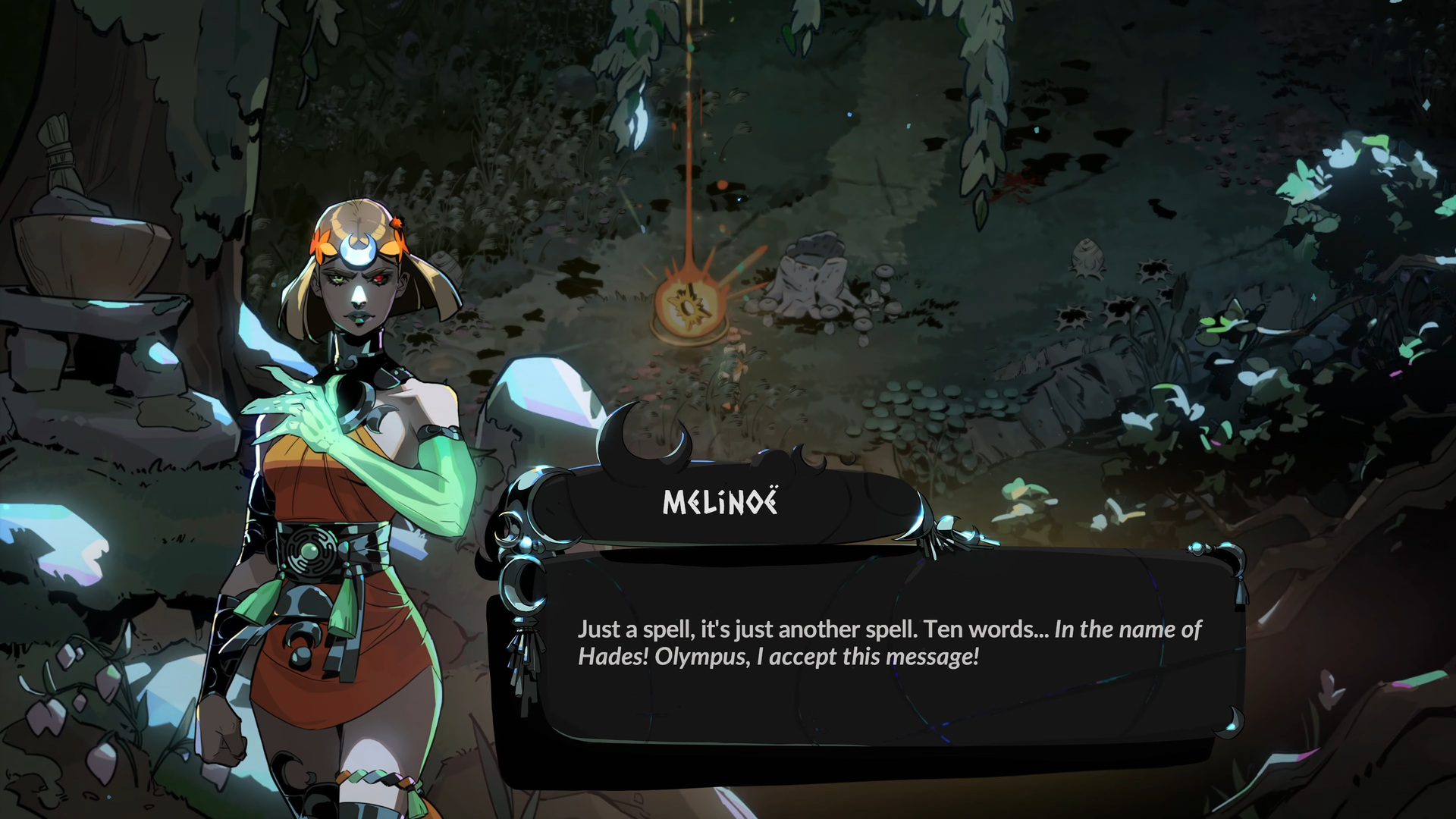 Melinoë mid-soliloquy at the Crossroads with the dialogue overlay reading "Just a spell, it's just another spell. Ten words... In the name of Hades! Olympus, I accept this message!"