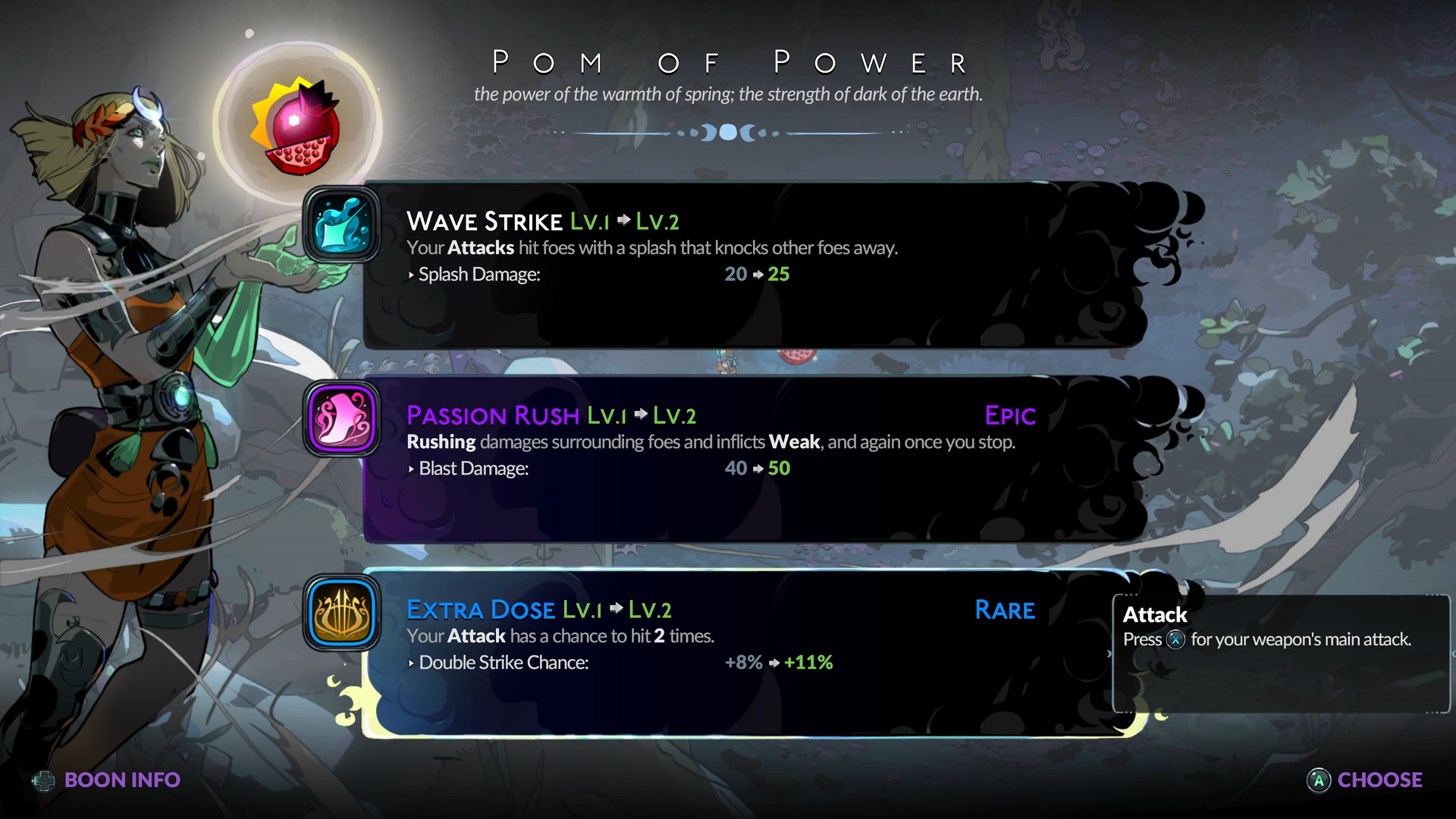 Pom of Power — three owned boons being upgraded: Wave Strike Lv1→Lv2, Passion Rush Epic Lv1→Lv2, Extra Dose Rare Lv1→Lv2