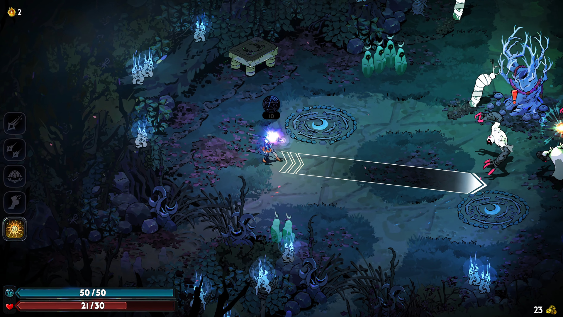 Combat in Erebus showing the cast / throwing-arc trajectory line — long arrow indicating direction the cast will travel