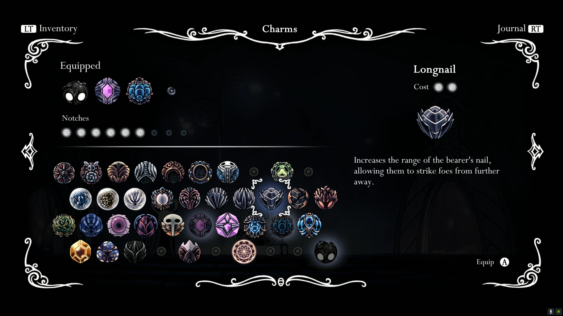 Hollow Knight charm screen — 5 of 11 notches used, full grid of charms below