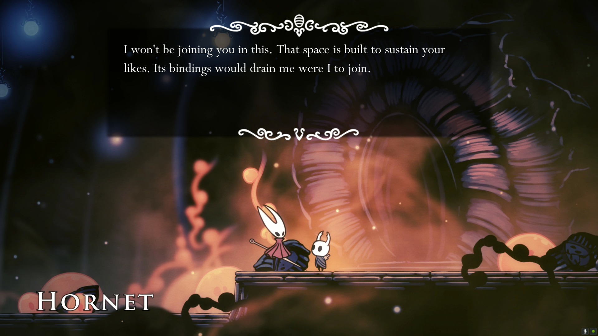 Hornet (a recurring NPC) speaking with the trademark atmospheric tone, dialogue reads "I won't be joining you in this. That space is built to sustain your likes. Its bindings would drain me were I to join."