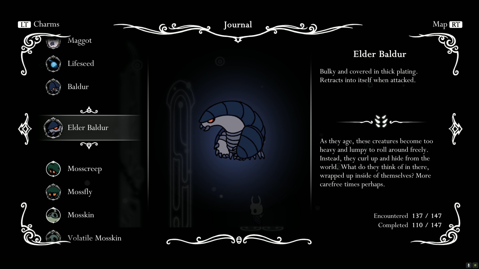 Hollow Knight Hunter's Journal entry for Elder Baldur — bestiary text reads "Bulky and covered in thick plating. Retracts into itself when attacked. As they age, these creatures become too heavy and lumpy to roll around freely. Instead, they curl up and hide from the world. What do they think of in there, wrapped up inside of themselves? More carefree times perhaps." Encountered 137/147 + Completed 110/147