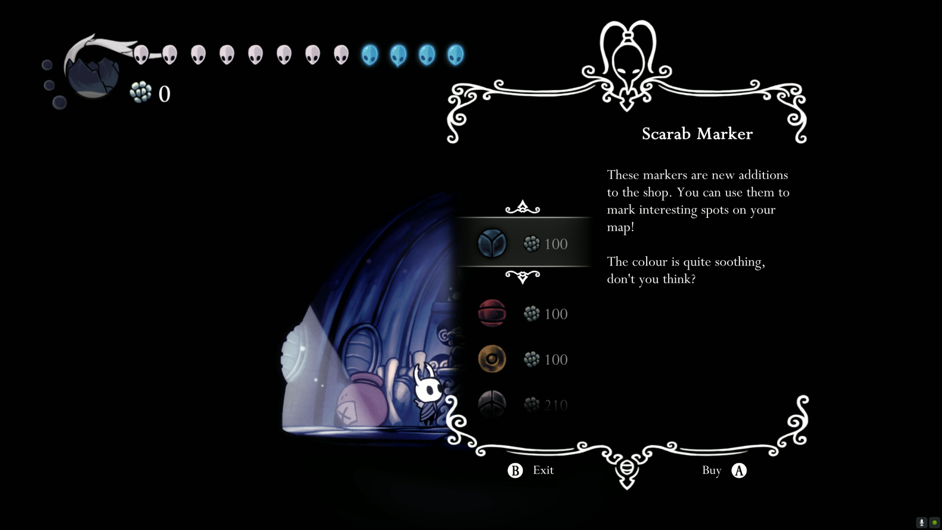 Iselda's shop — Scarab Marker tooltip "These markers are new additions to the shop. You can use them to mark interesting spots on your map! The colour is quite soothing, don't you think?" Map markers visible at 100, 100, 100, 210 Geo each